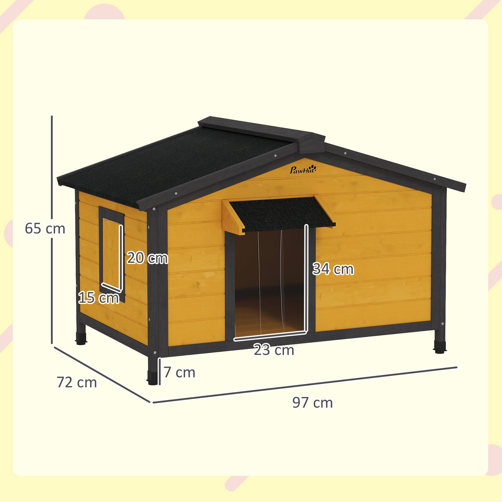 Casa para cães de madeira casa para animais de estimação com teto asfáltico 2 janelas porta com cortina 97x72x65 cm madeira