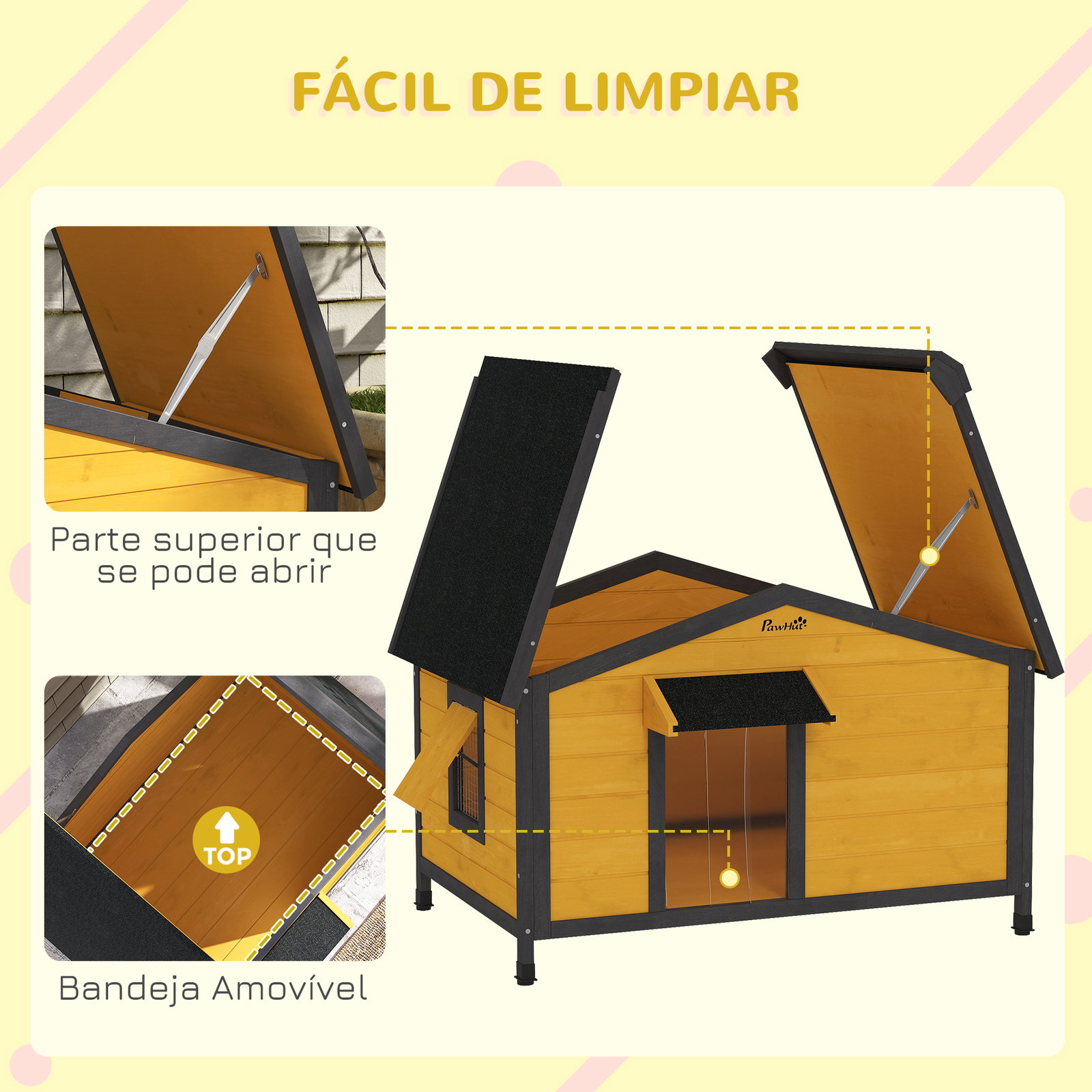 Casa para cães de madeira casa para animais de estimação com teto asfáltico 2 janelas porta com cortina 97x72x65 cm madeira