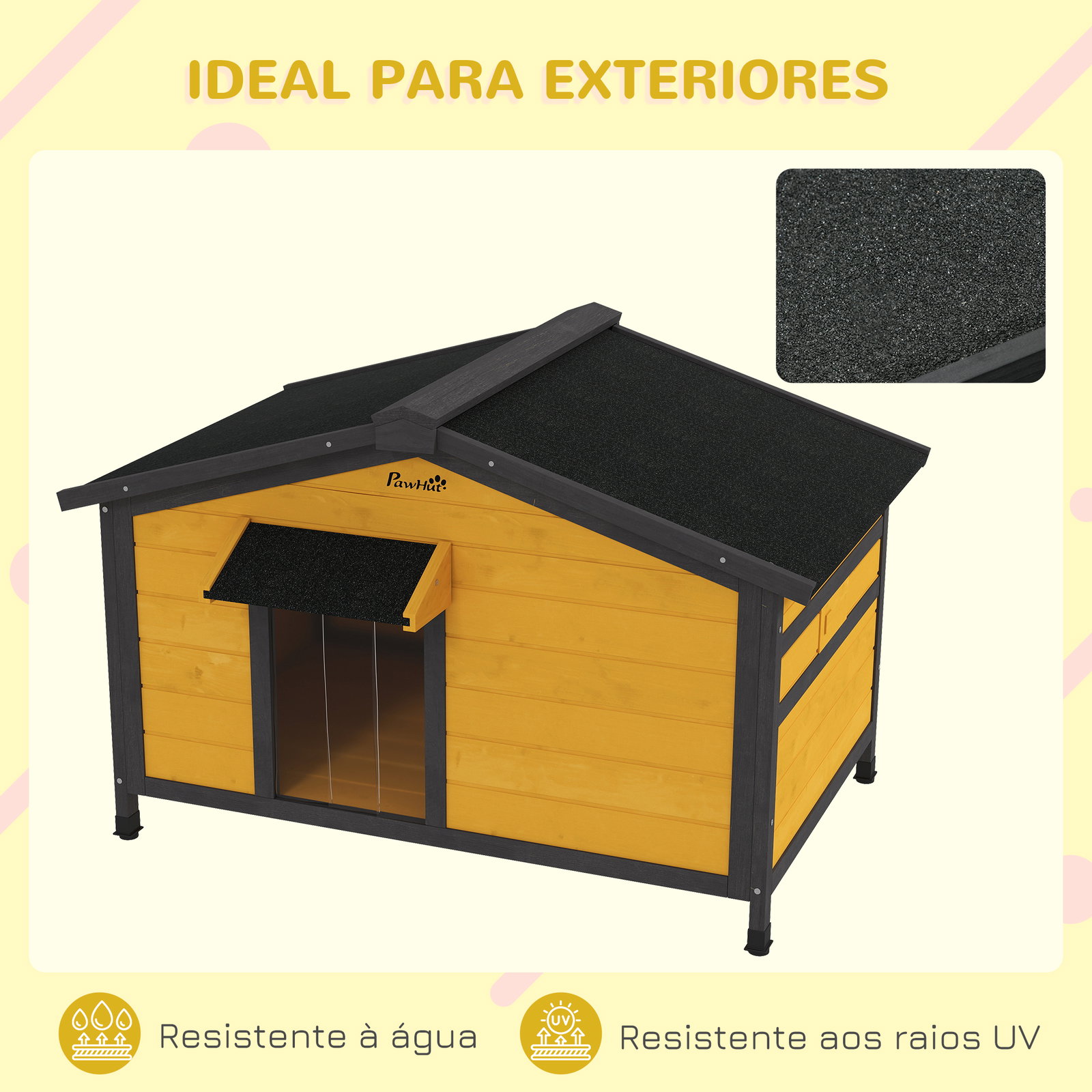 Casa para cães de madeira casa para animais de estimação com teto asfáltico 2 janelas porta com cortina 97x72x65 cm madeira