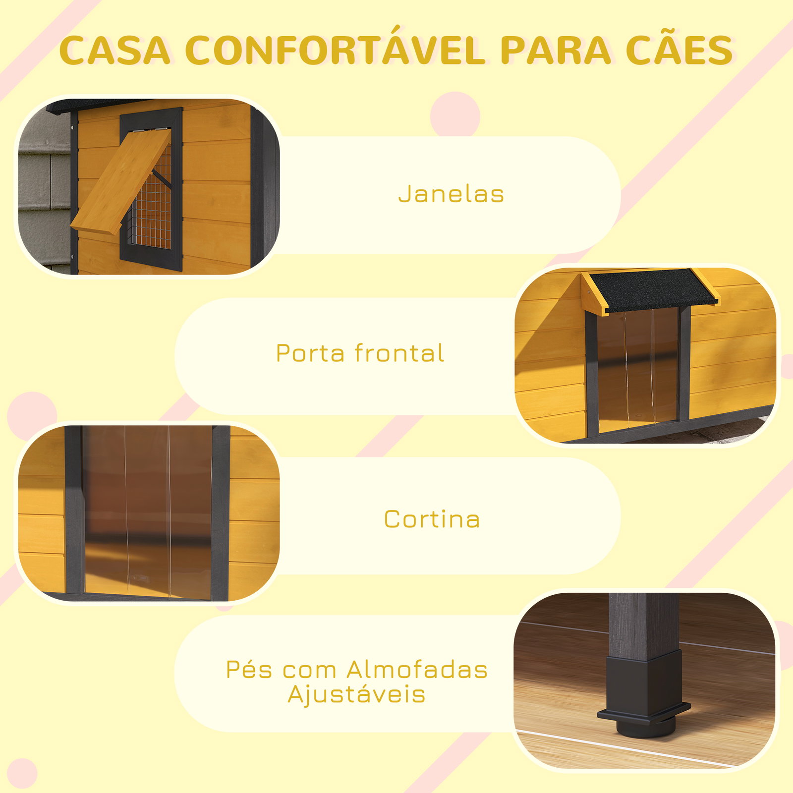 Casa para cães de madeira casa para animais de estimação com teto asfáltico 2 janelas porta com cortina 97x72x65 cm madeira