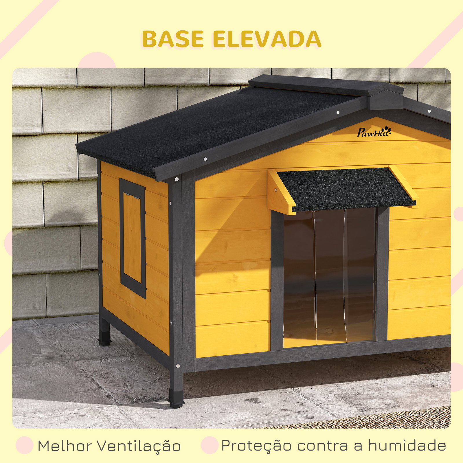 Casa para cães de madeira casa para animais de estimação com teto asfáltico 2 janelas porta com cortina 97x72x65 cm madeira