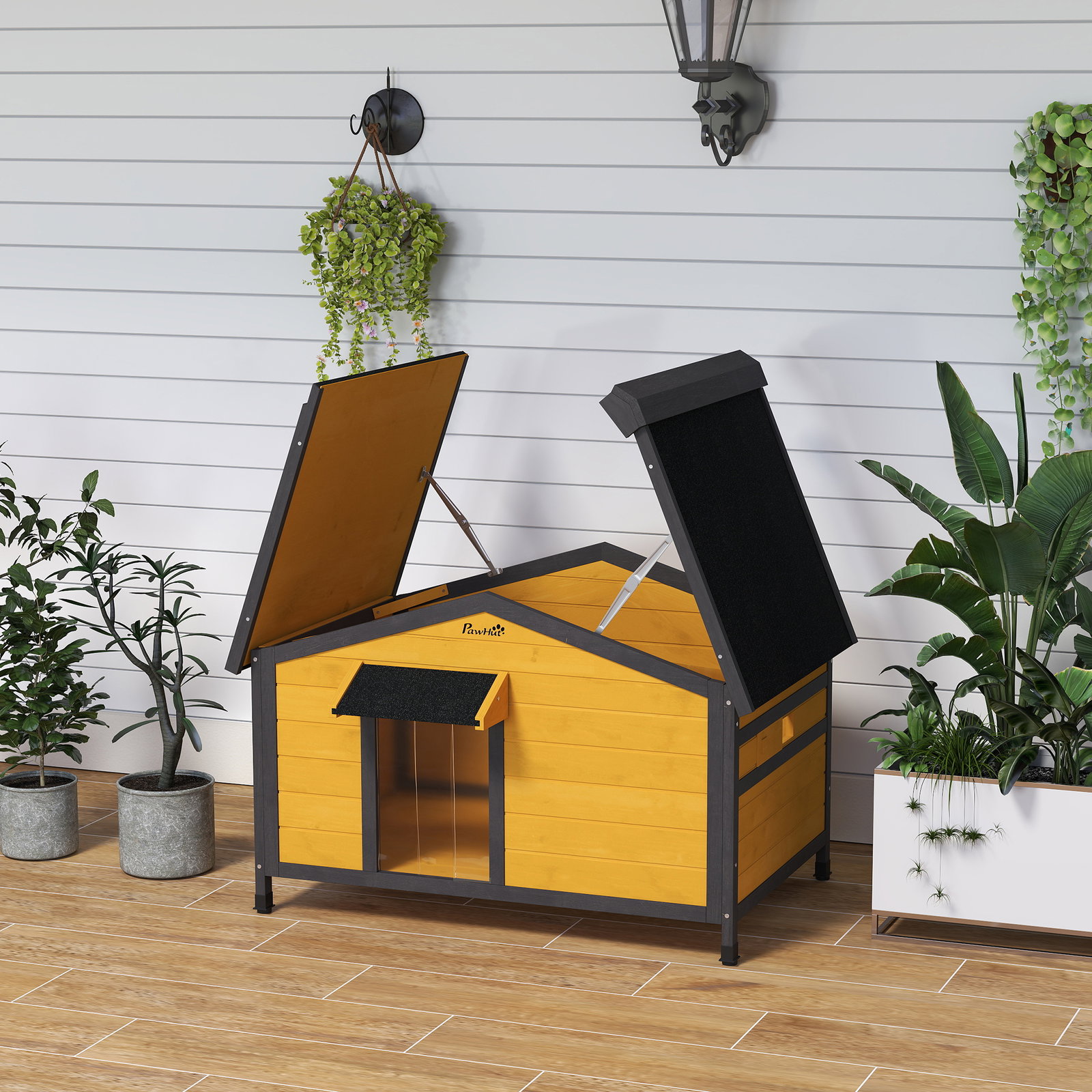 Casa para cães de madeira casa para animais de estimação com teto asfáltico 2 janelas porta com cortina 97x72x65 cm madeira