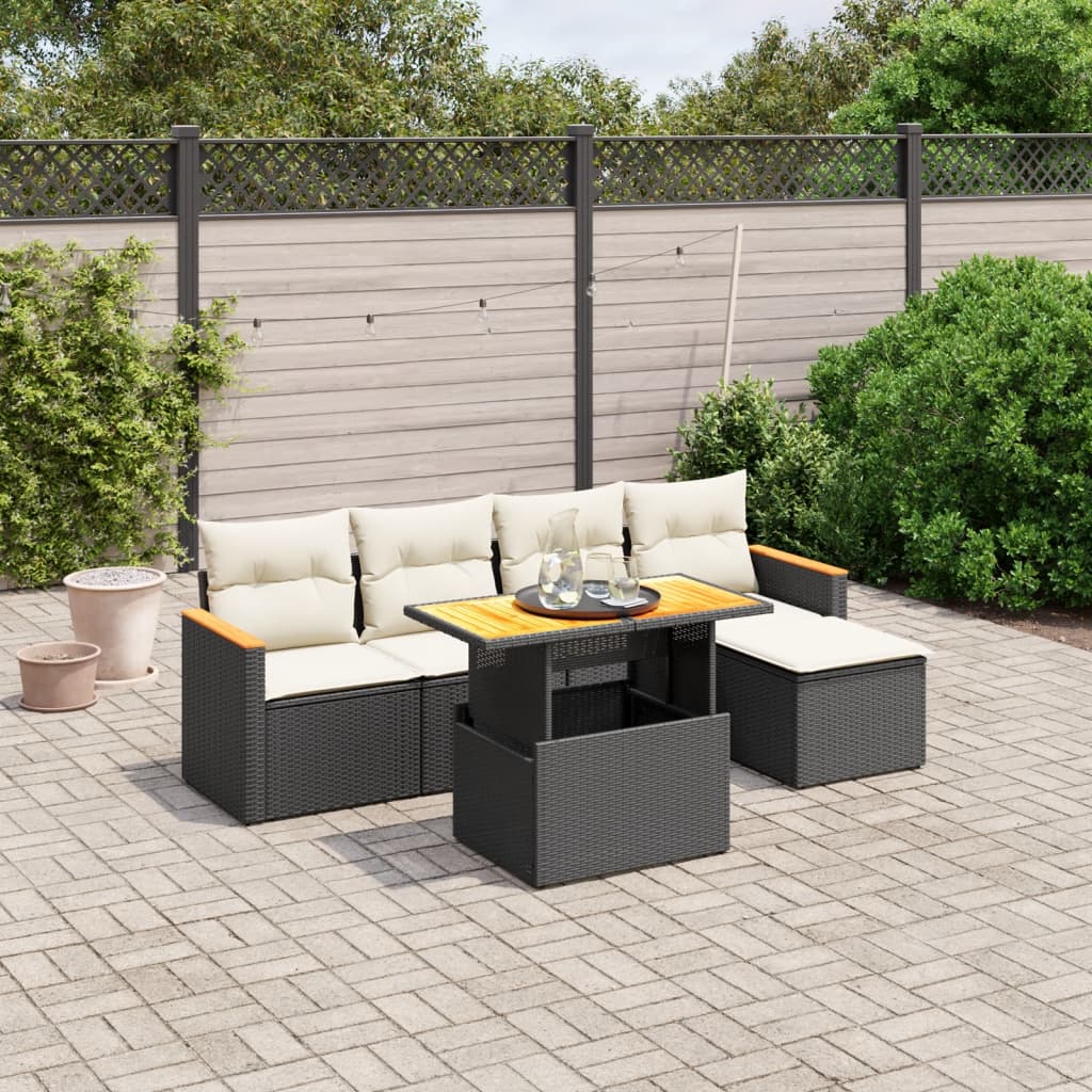 6 Pcs conjunto sofás de jardim c/ almofadões vime PE preto