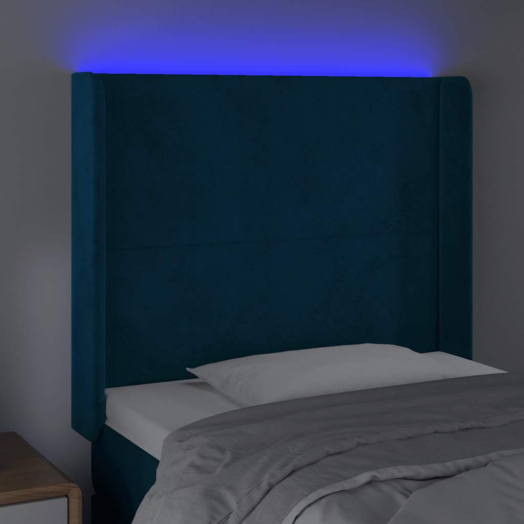 Cabeceira cama c/ luzes LED veludo 103x16x118/128cm azul-escuro
