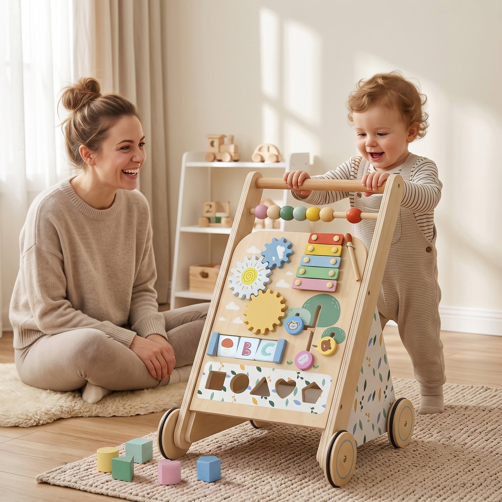 Andarilho de madeira para bebé com atividades montessori controlo de velocidade 5 blocos e rodas natural