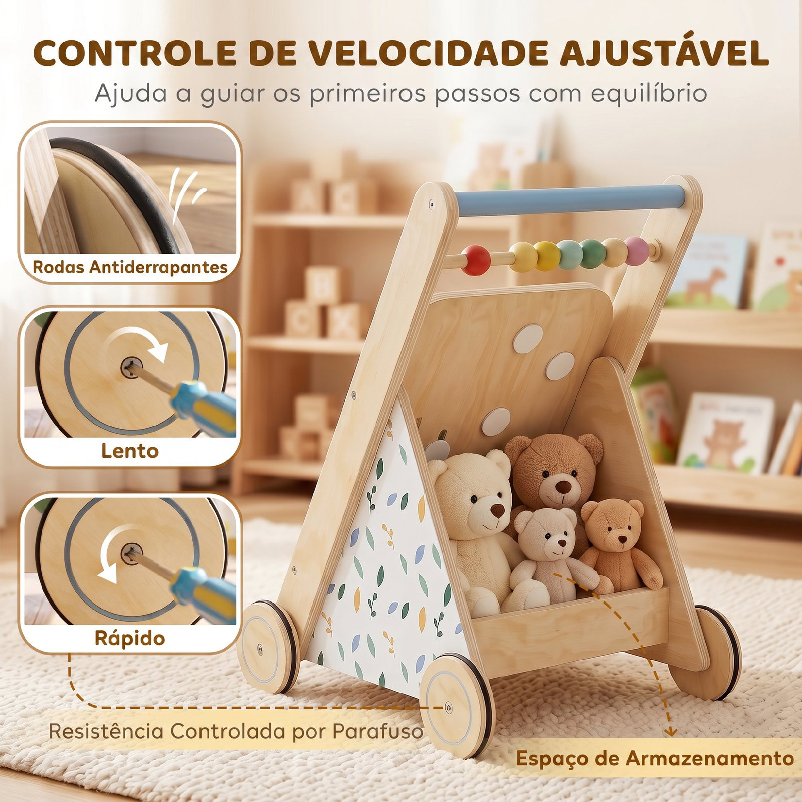 Andarilho de madeira para bebé com atividades montessori controlo de velocidade 5 blocos e rodas natural