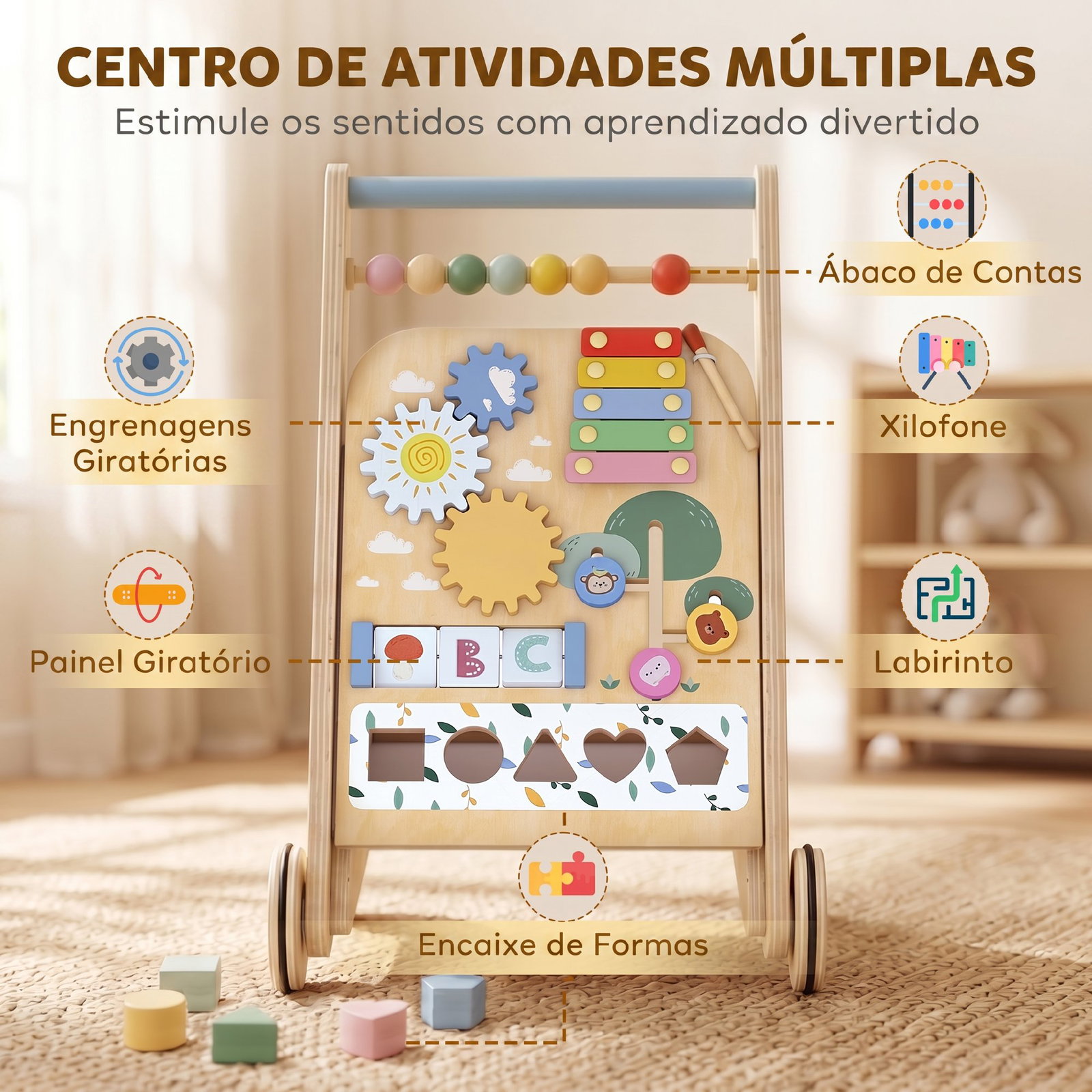 Andarilho de madeira para bebé com atividades montessori controlo de velocidade 5 blocos e rodas natural