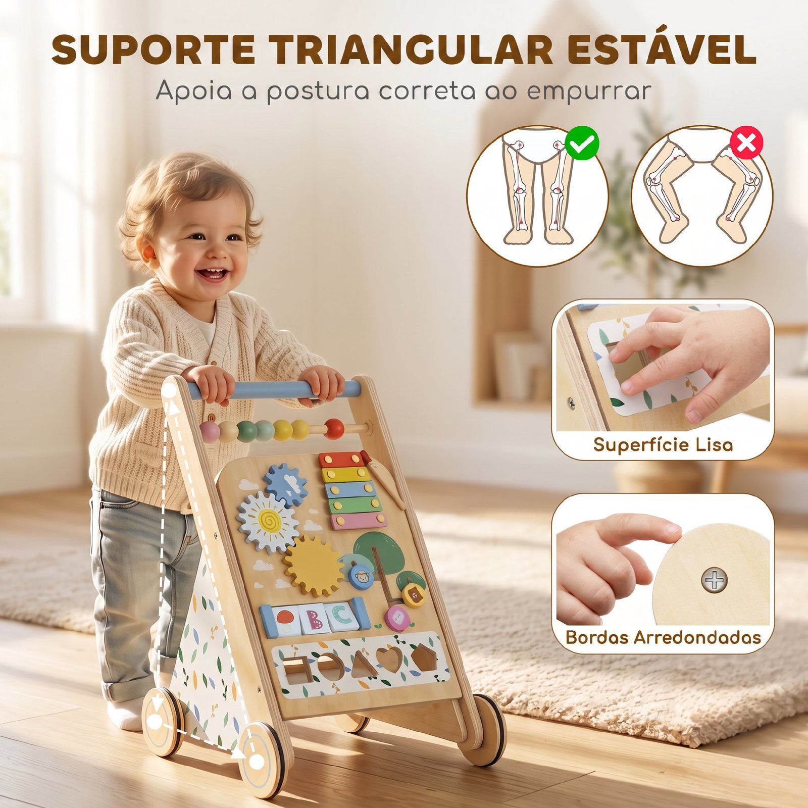 Andarilho de madeira para bebé com atividades montessori controlo de velocidade 5 blocos e rodas natural