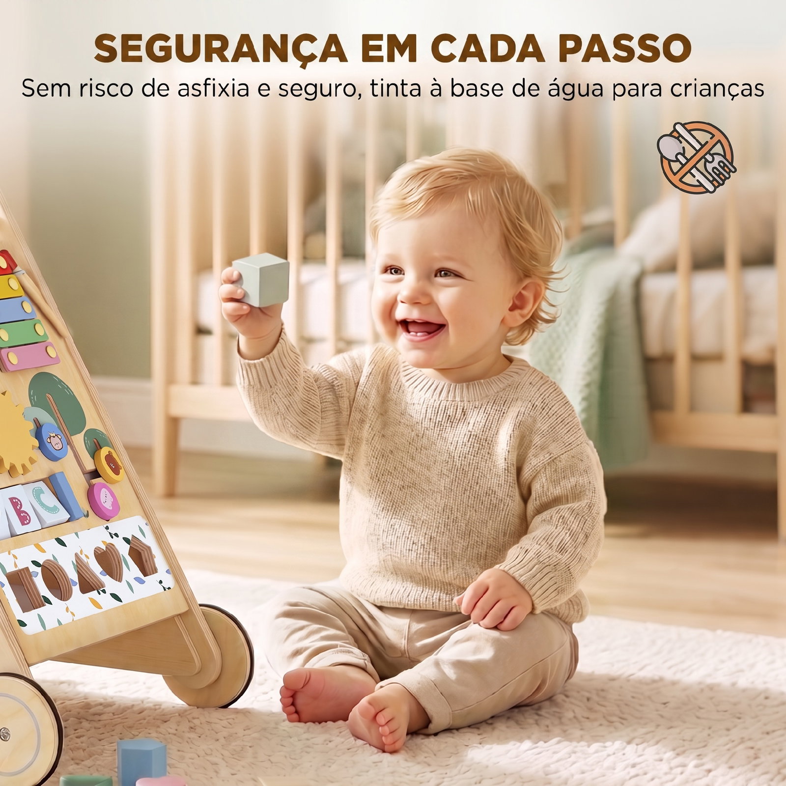 Andarilho de madeira para bebé com atividades montessori controlo de velocidade 5 blocos e rodas natural