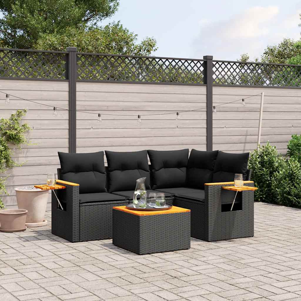 5 Pcs conjunto sofás de jardim com almofadões vime PE preto
