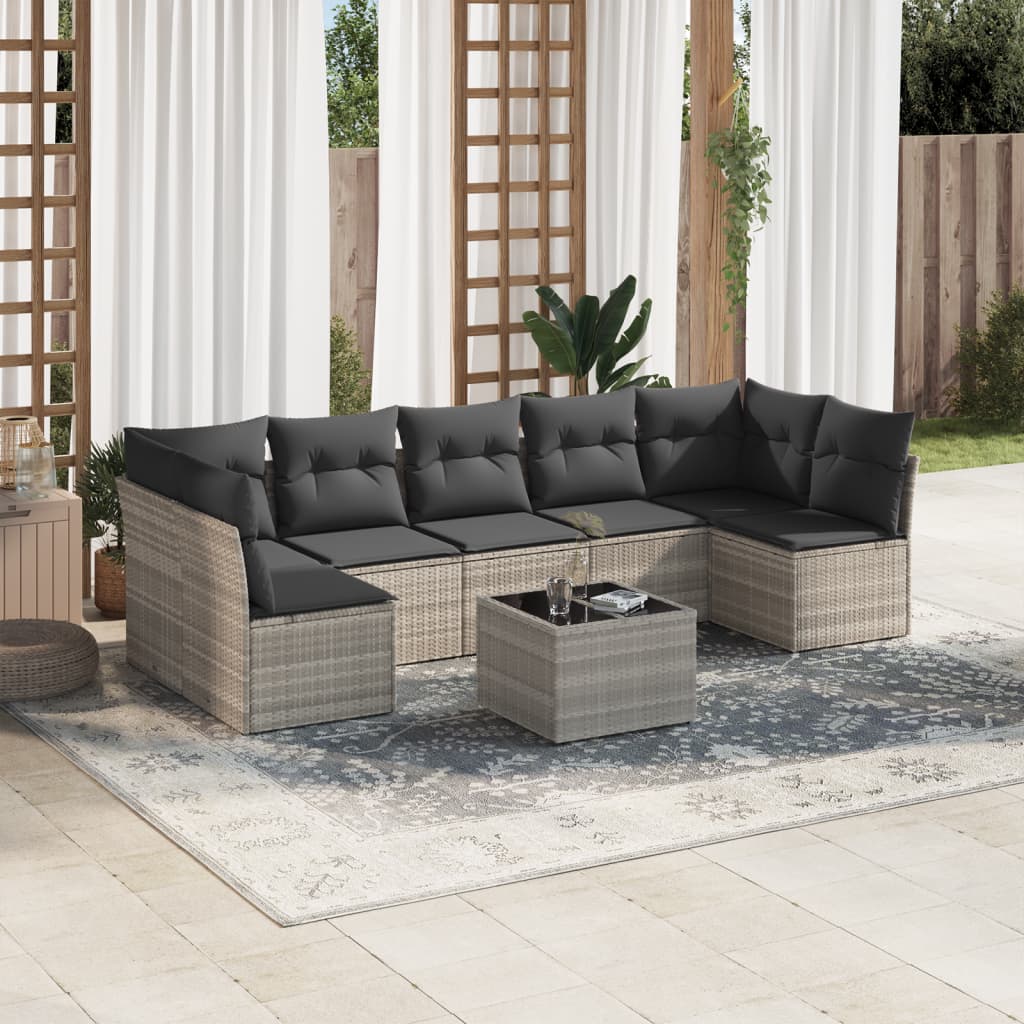 8 Pcs conj. sofás jardim c/ almofadões vime PE cinzento-claro