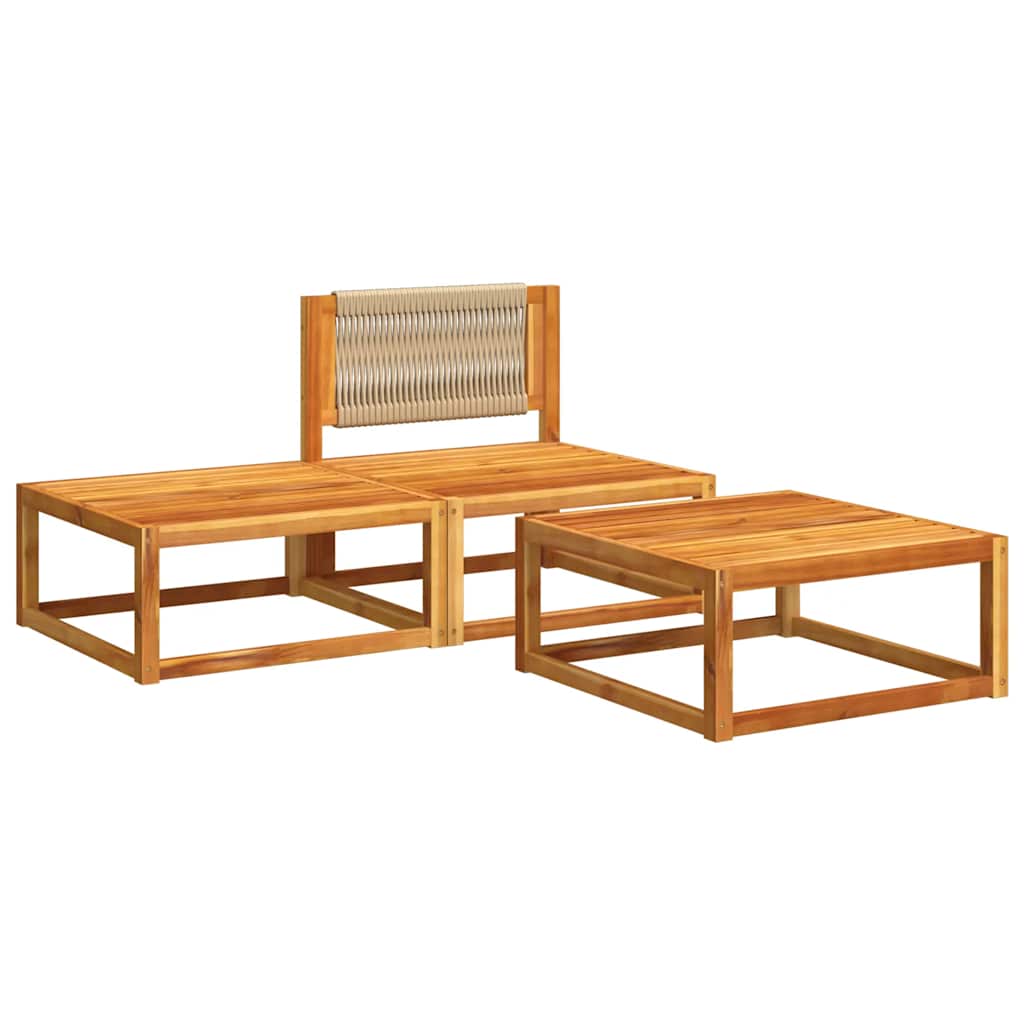 Conjunto de sofás de jardim de 3 peças com almofadas de madeira de acácia e corda