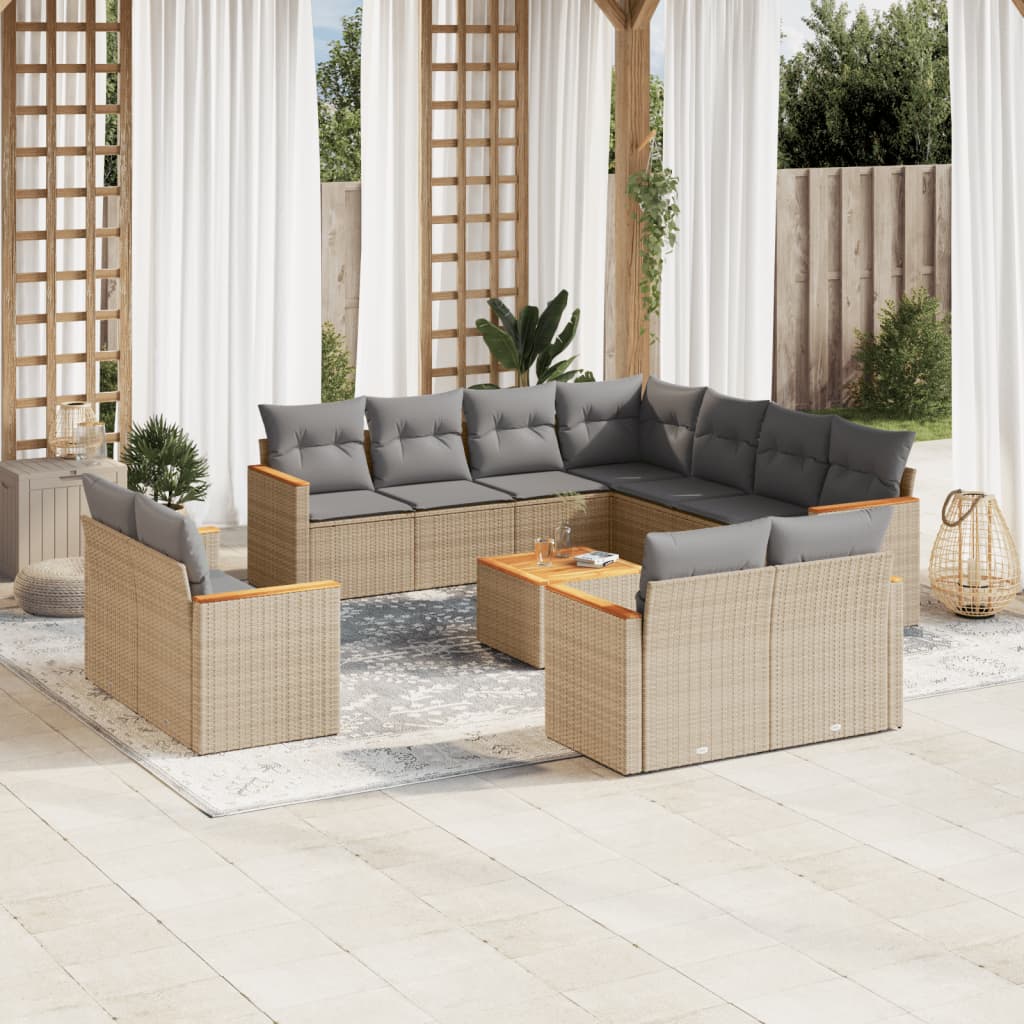 12 Pcs conjunto de sofás p/ jardim com almofadões vime PE bege