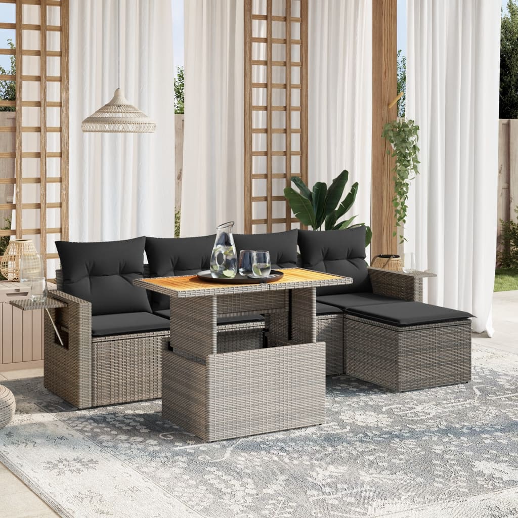 6 Pcs conjunto sofás de jardim com almofadões vime cinzento