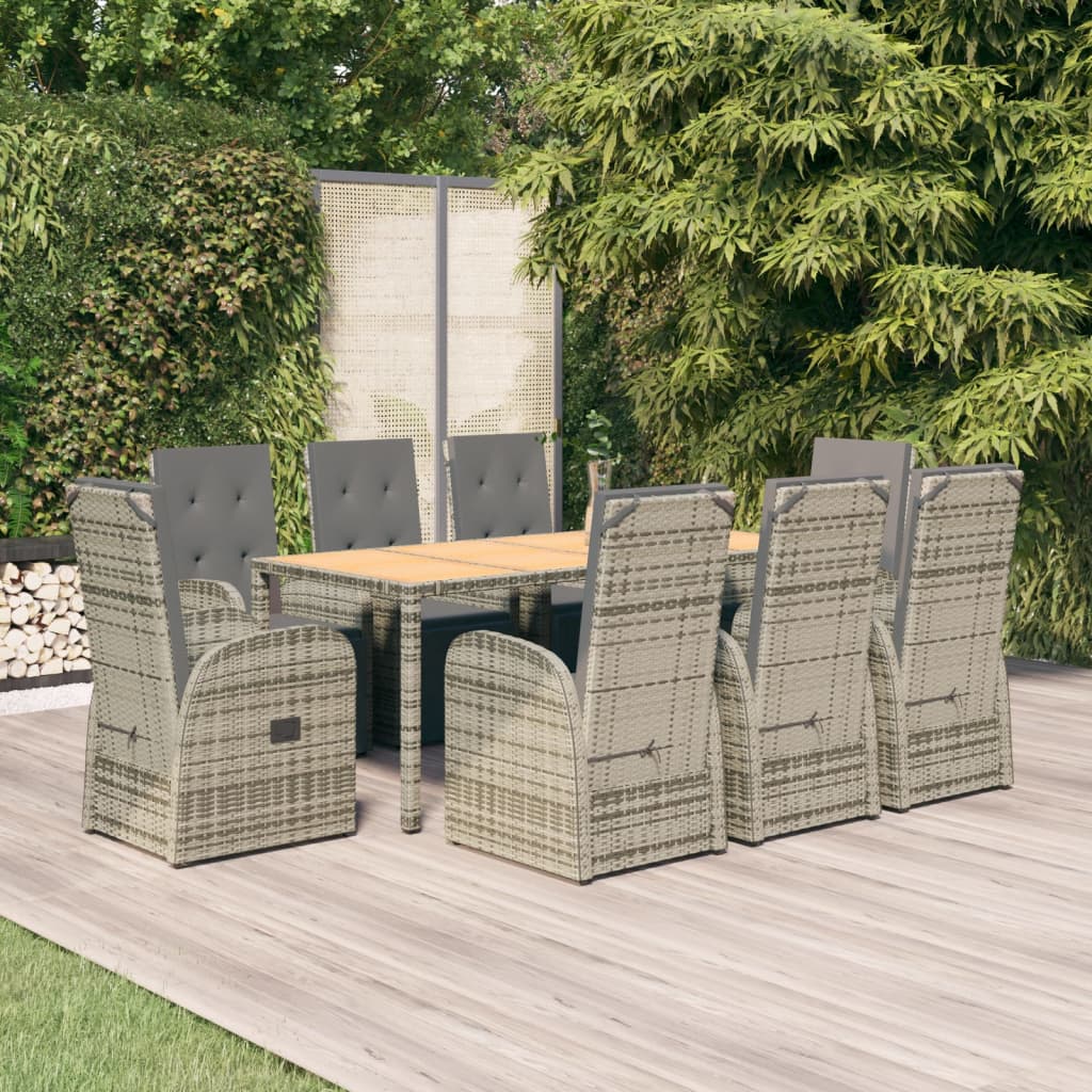 9 Pcs conjunto de jantar p/ jardim c/ almofadões vime PE cinza