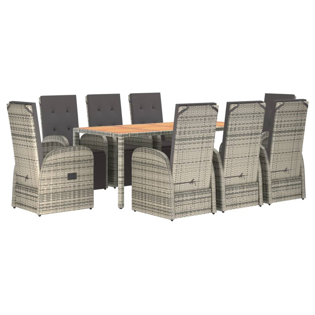 9 Pcs conjunto de jantar p/ jardim c/ almofadões vime PE cinza