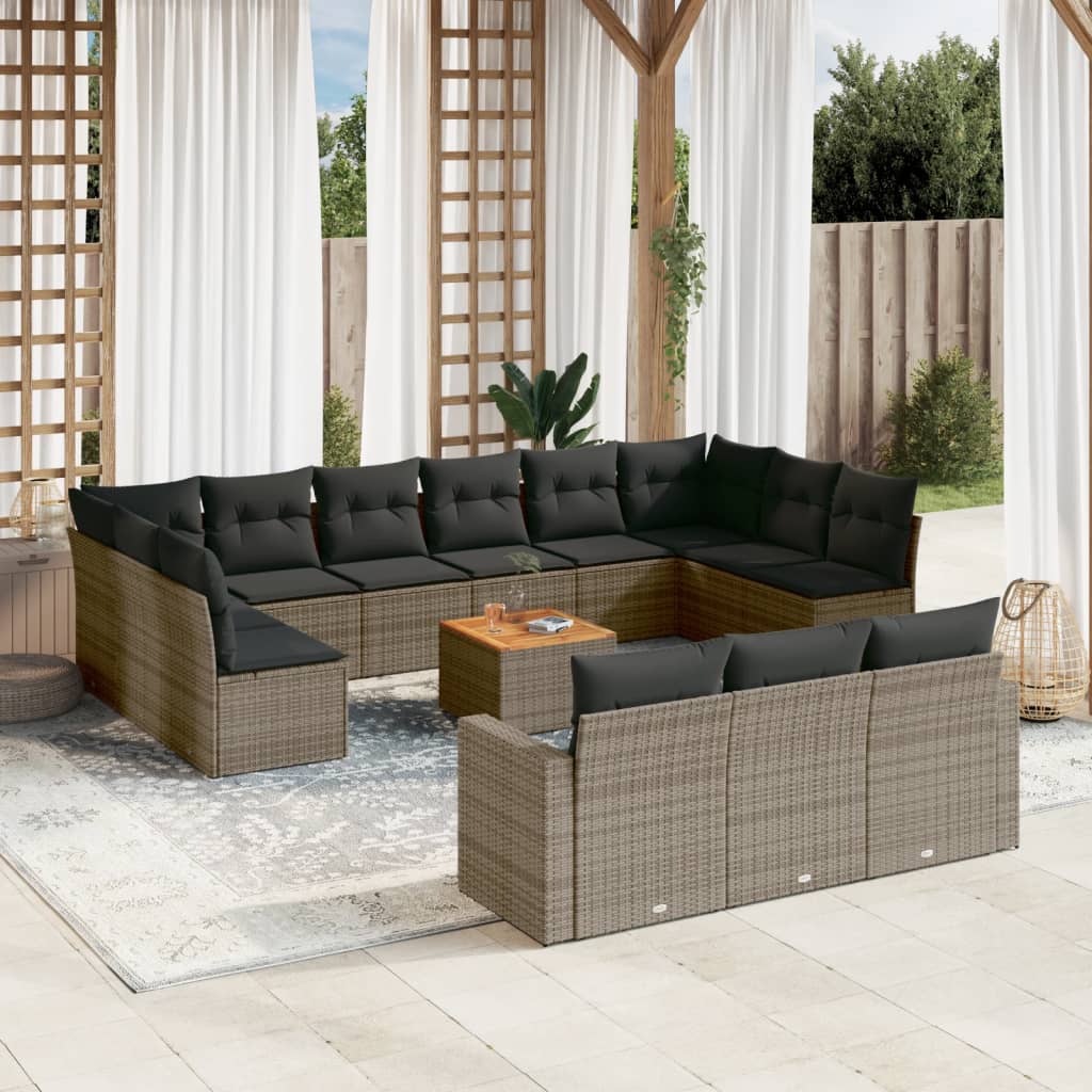14 Pcs conjunto sofás p/ jardim c/ almofadões vime PE cinzento