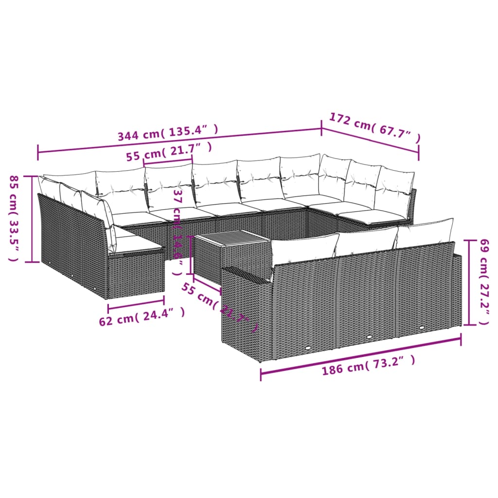 14 Pcs conjunto sofás p/ jardim c/ almofadões vime PE cinzento