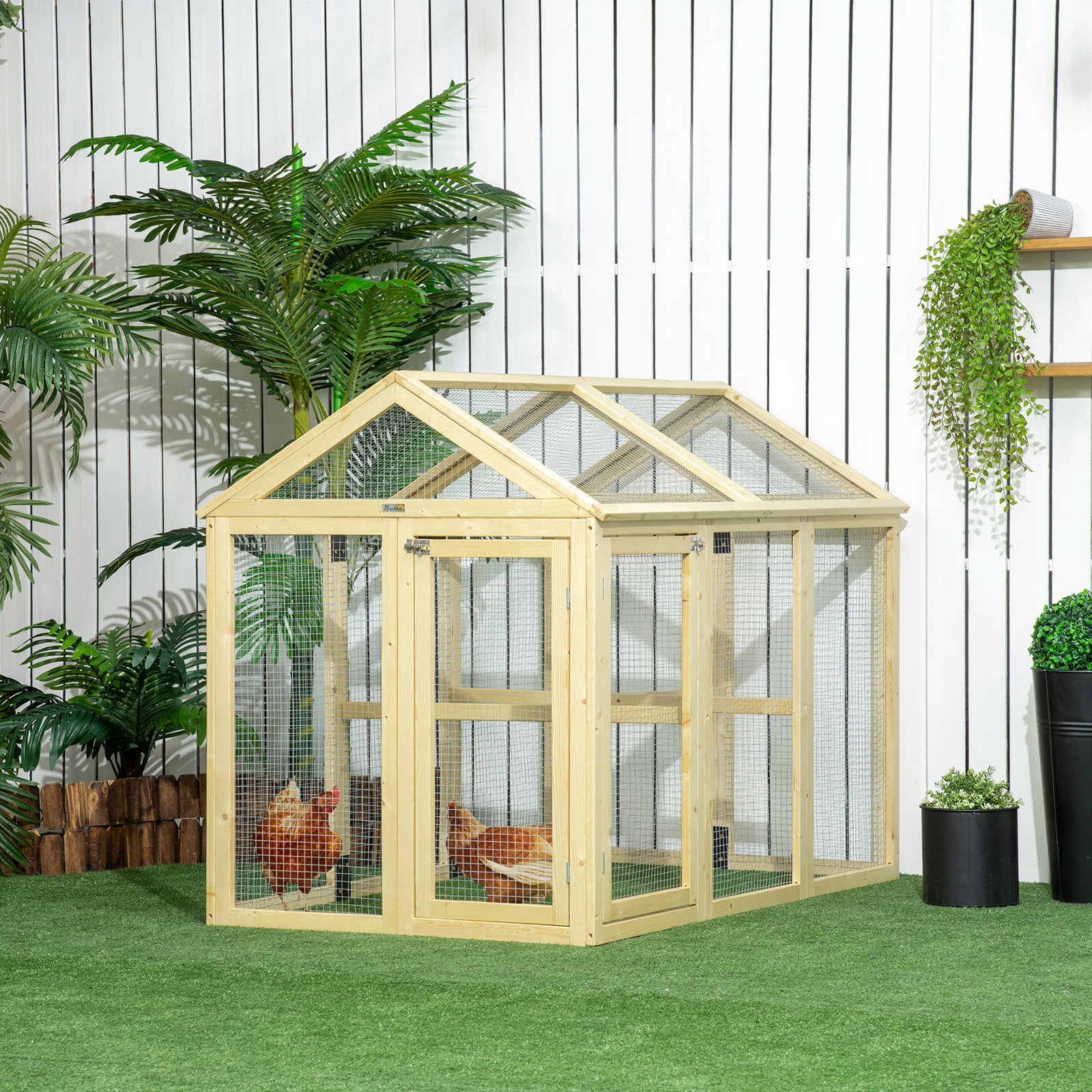Galinheiro para exterior 140x88,5x106 cm para 1-3 galinhas com estrutura de madeira e 2 portas com fechadura madeira clara