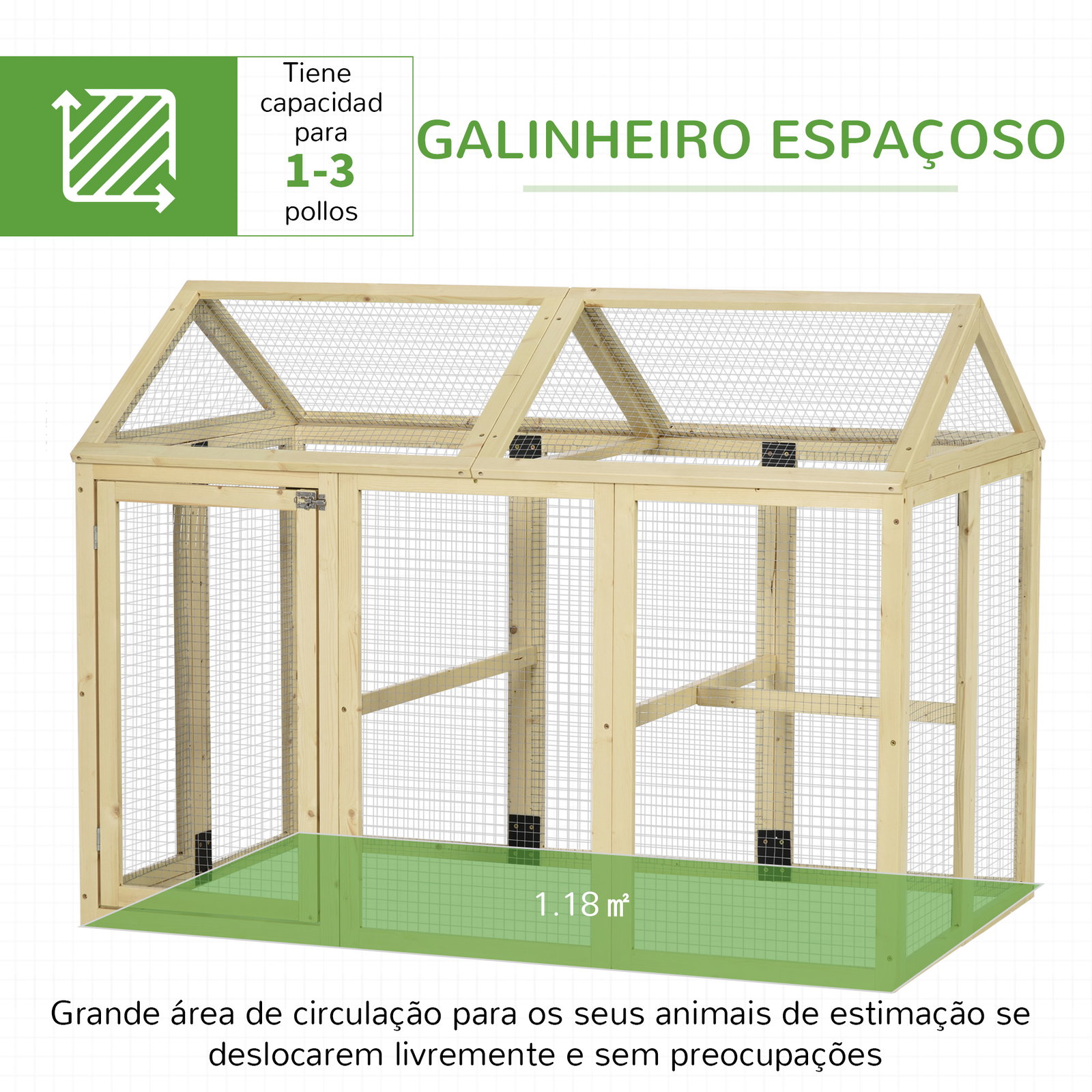 Galinheiro para exterior 140x88,5x106 cm para 1-3 galinhas com estrutura de madeira e 2 portas com fechadura madeira clara