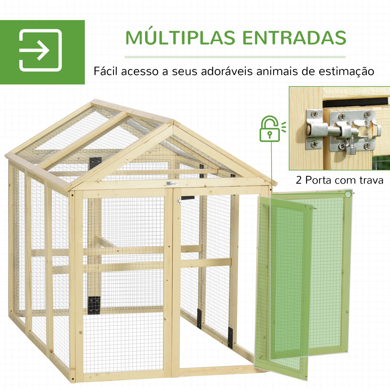 Galinheiro para exterior 140x88,5x106 cm para 1-3 galinhas com estrutura de madeira e 2 portas com fechadura madeira clara