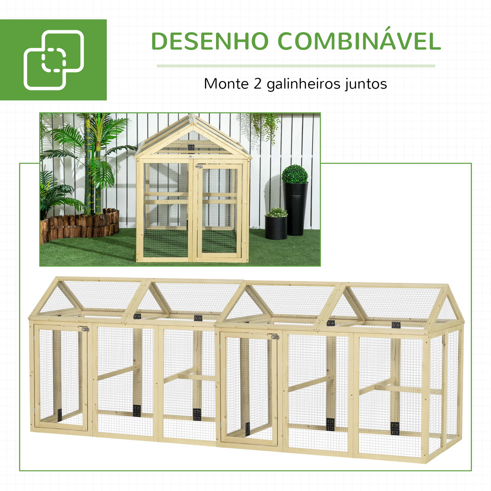Galinheiro para exterior 140x88,5x106 cm para 1-3 galinhas com estrutura de madeira e 2 portas com fechadura madeira clara
