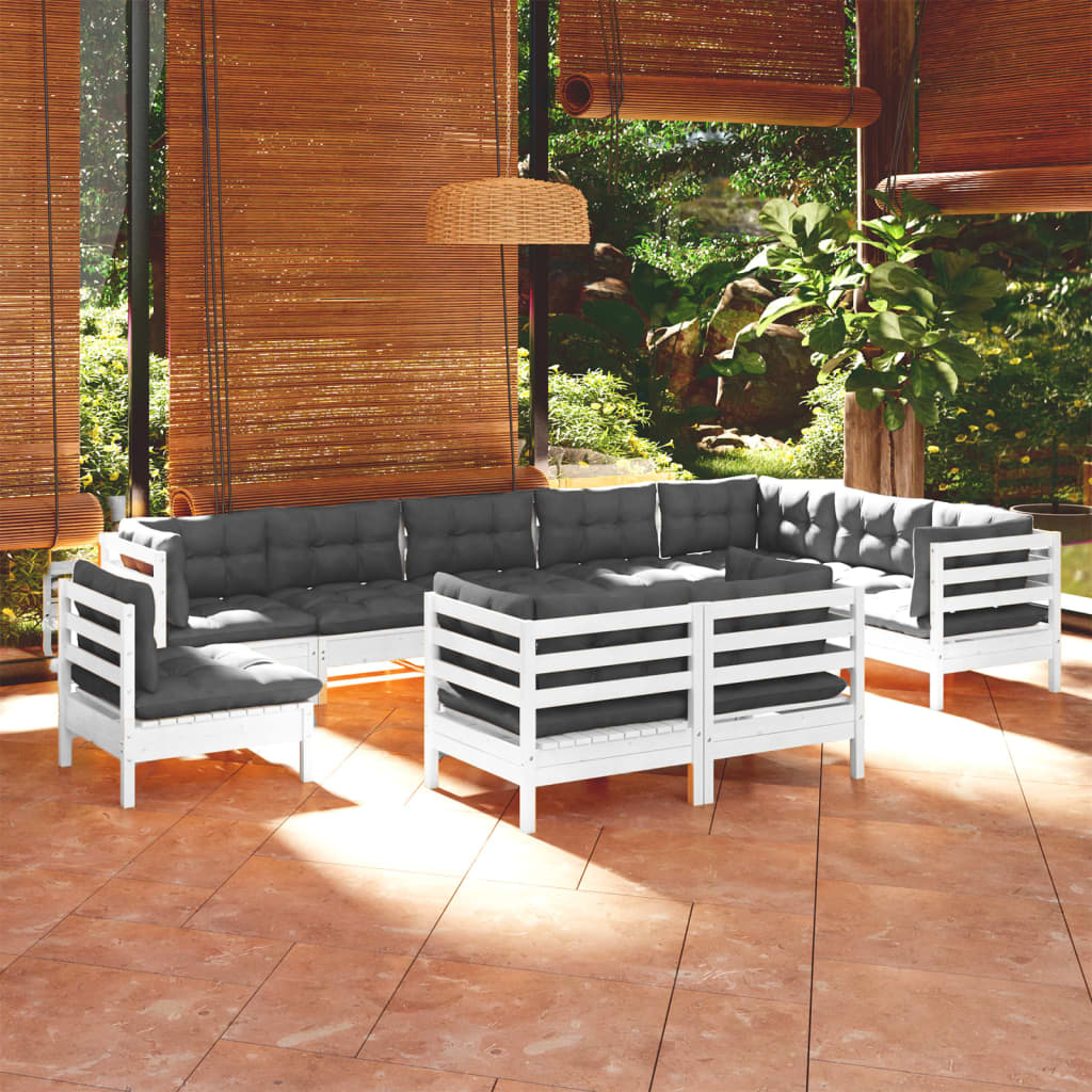 10 Pcs conj. lounge de jardim c/ almofadões pinho maciço branco