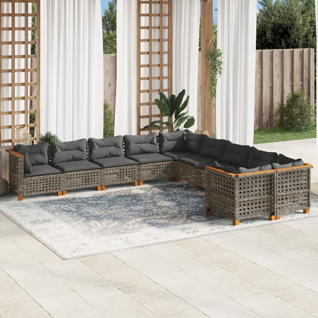 10 Pcs conjunto sofás de jardim c/ almofadões vime PE cinzento