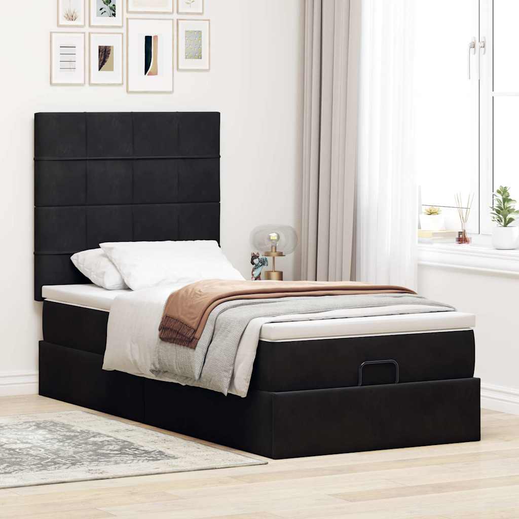 Estrutura de cama otomana com colchões preto 100x200cm veludo