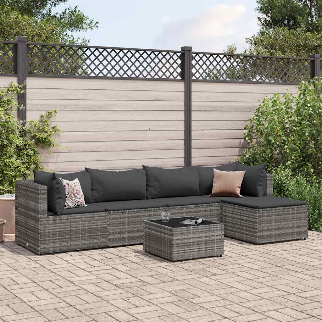 6 Pcs conjunto lounge de jardim c/ almofadões vime PE cinzento