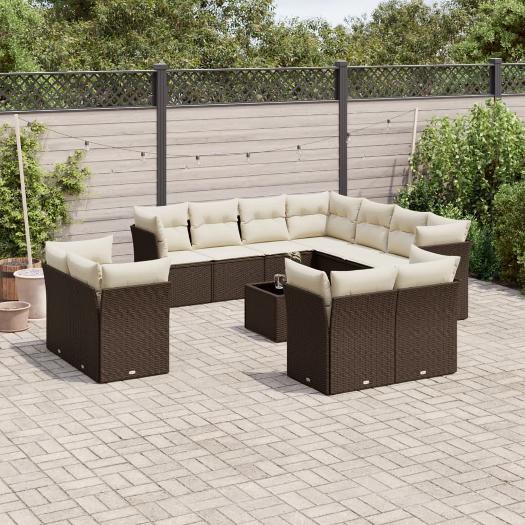 12 Pcs conjunto de sofás jardim com almofadões vime PE castanho