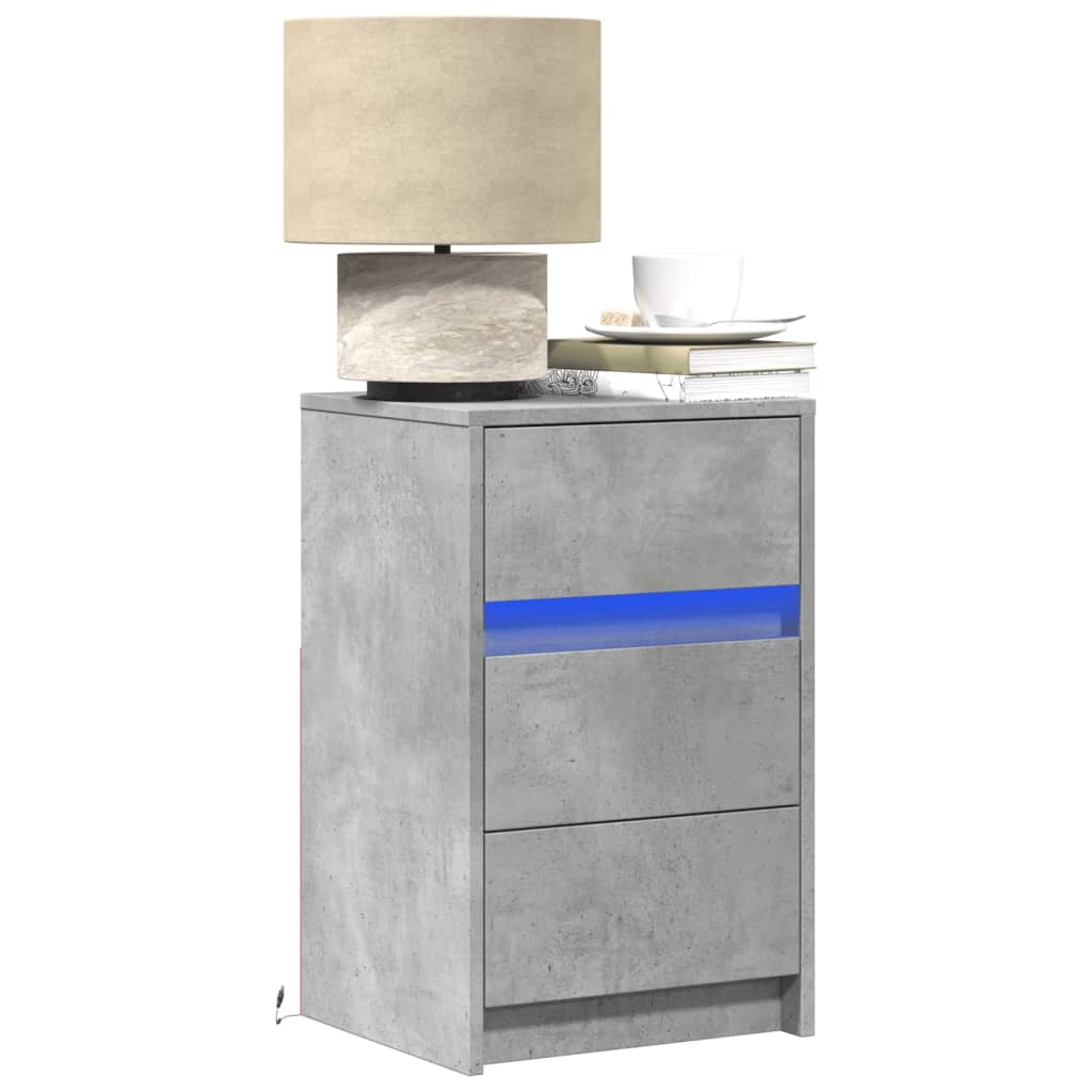 Mesa de cabeceira c/ luzes LED derivados madeira cinza cimento
