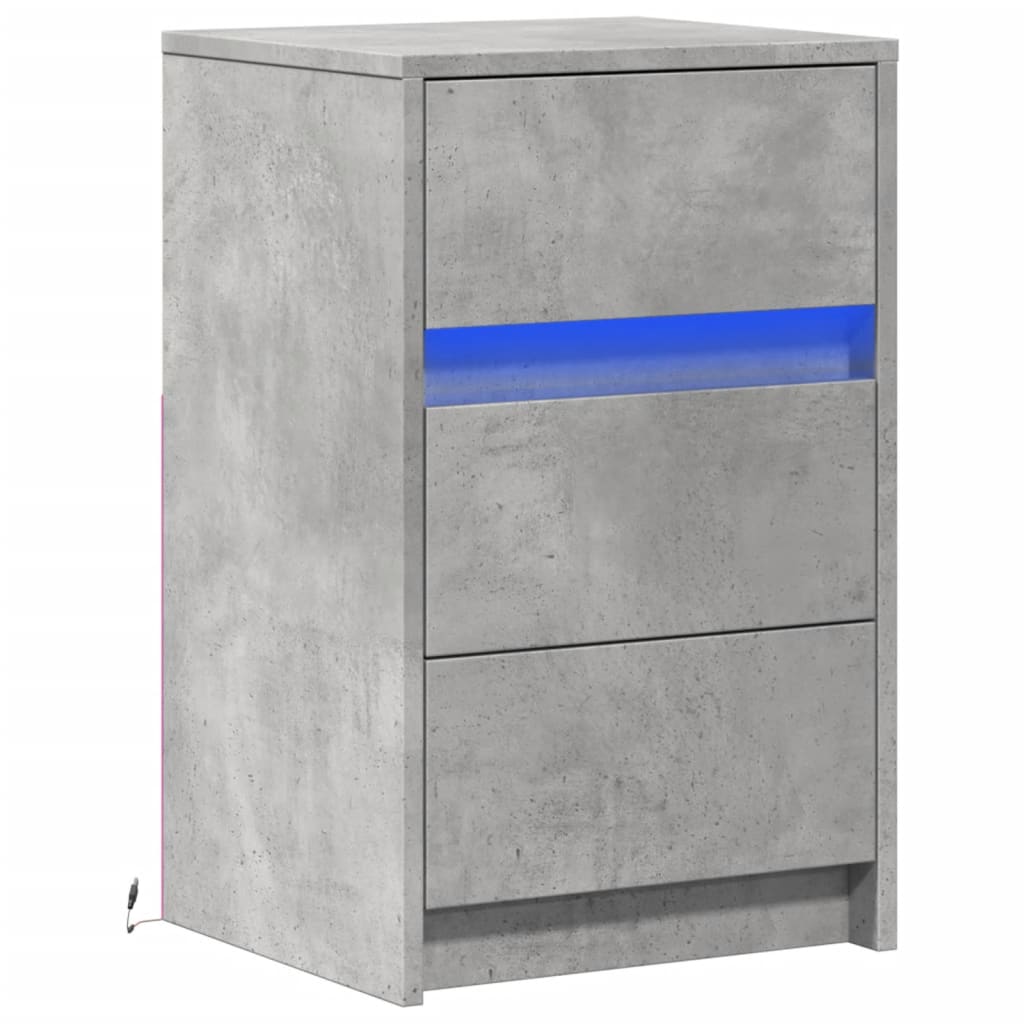 Mesa de cabeceira c/ luzes LED derivados madeira cinza cimento