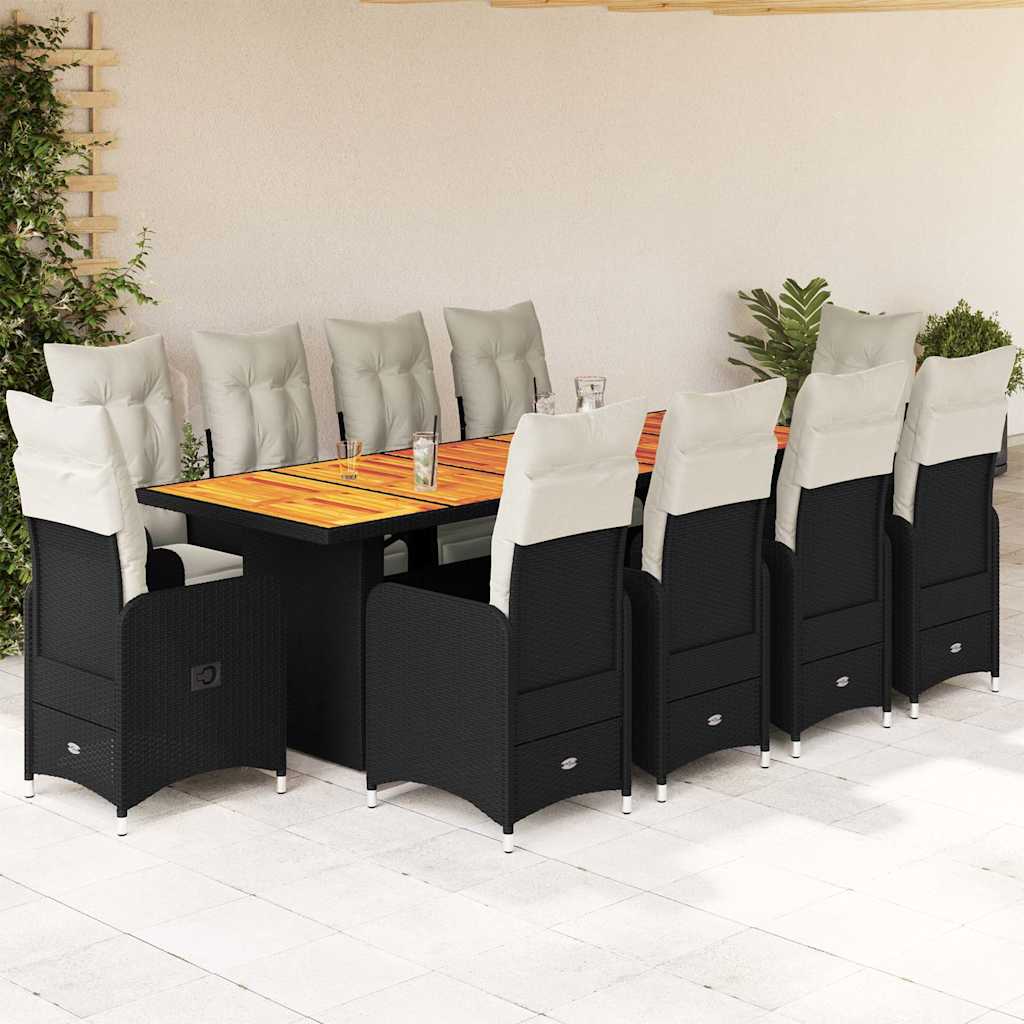 11 Pcs conjunto de bistrô p/ jardim c/ almofadões vime PE preto