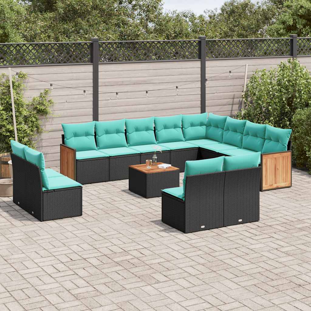 Conjunto de sofá de jardim com 13 peças e almofadas em rattan sintético preto