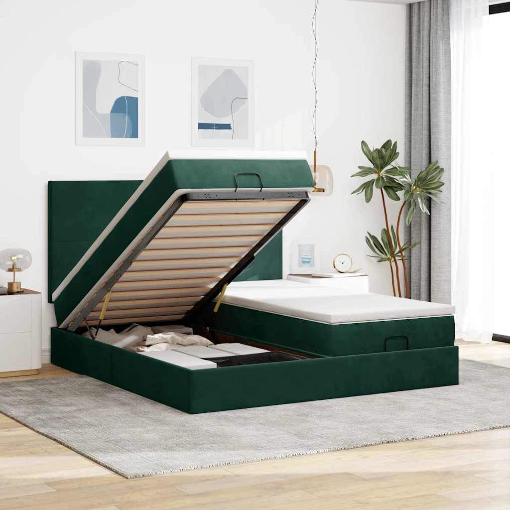 Estrutura de cama otomana com colchão verde escuro veludo