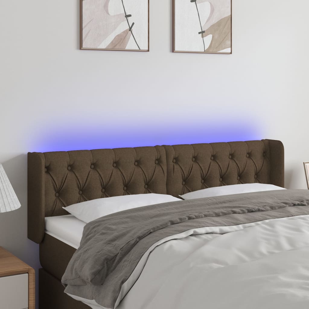 Cabeceira de cama c/ luzes LED tecido 163x16x78/88 cm castanho