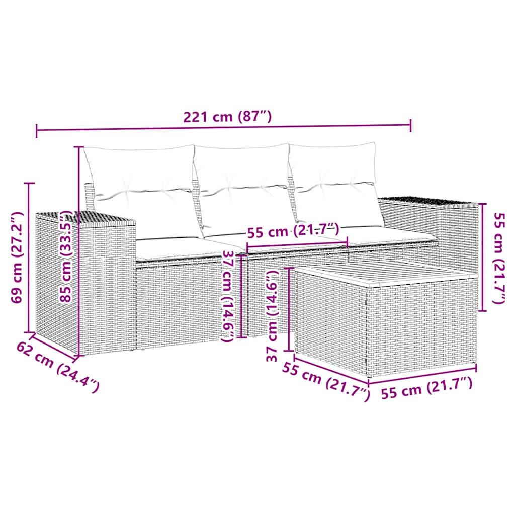 4 Pcs conjunto de sofás para jardim c/ almofadões vime PE preto