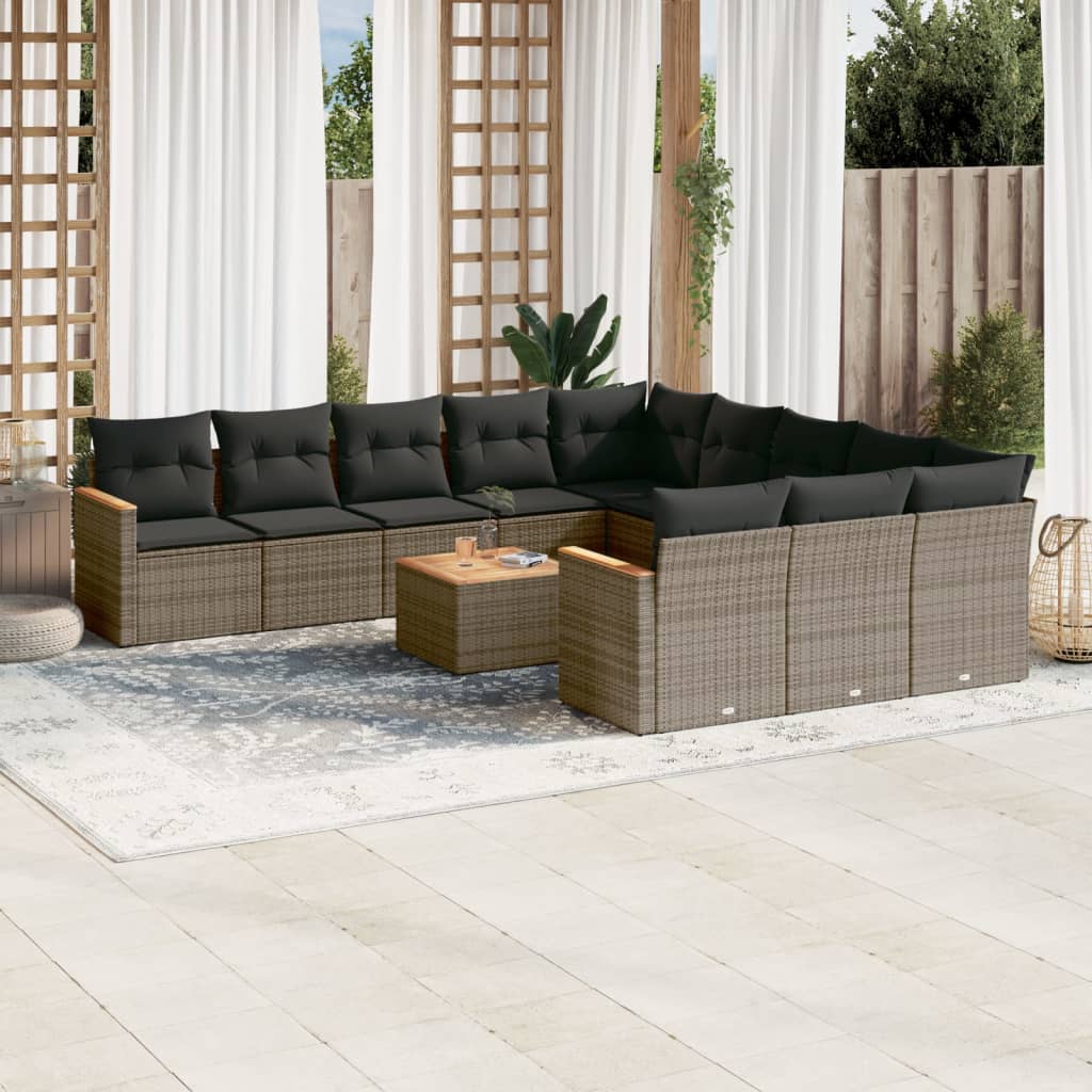 12 Pcs conjunto de sofás jardim c/ almofadões vime PE cinzento