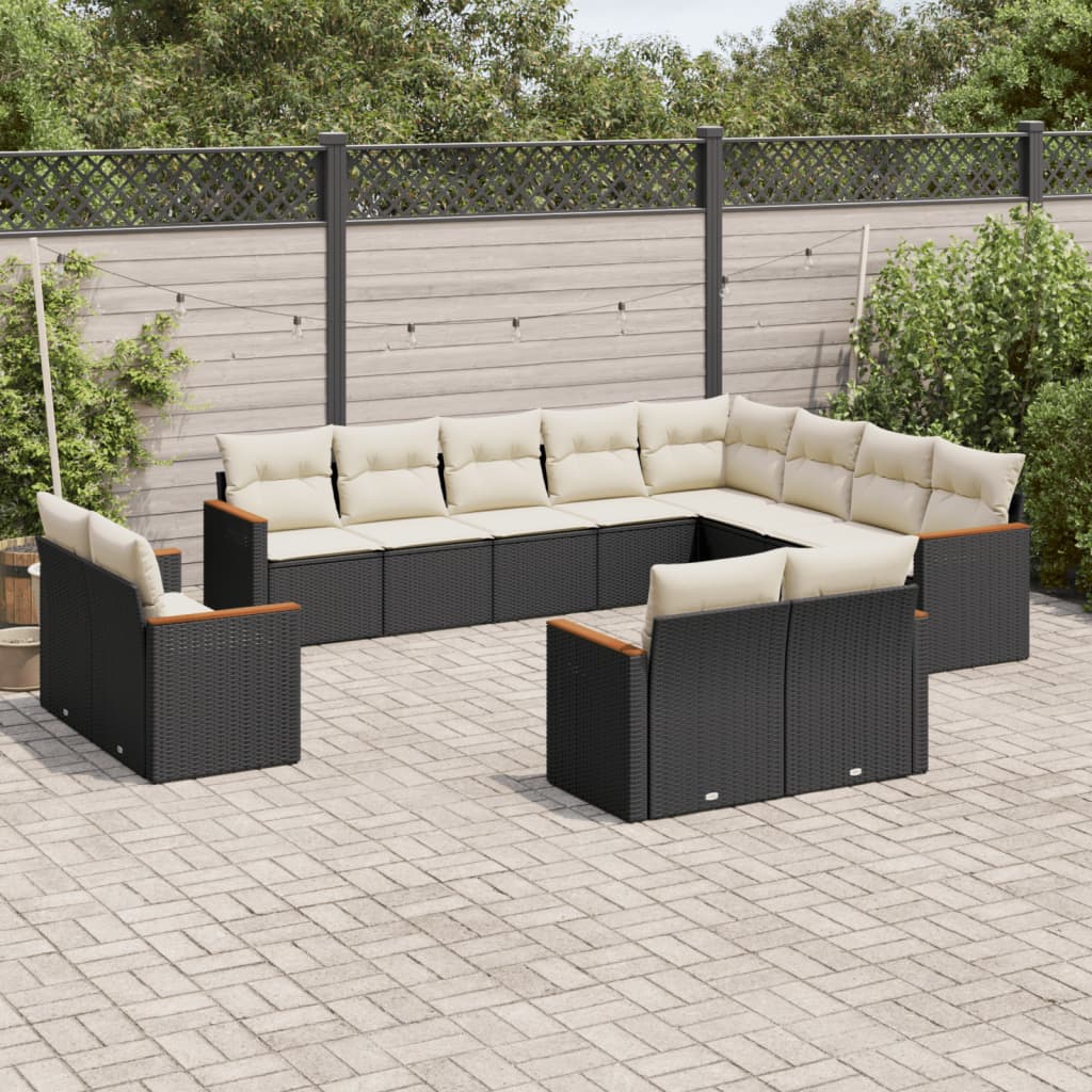 12 Pcs conjunto de sofás de jardim c/ almofadões vime PE preto