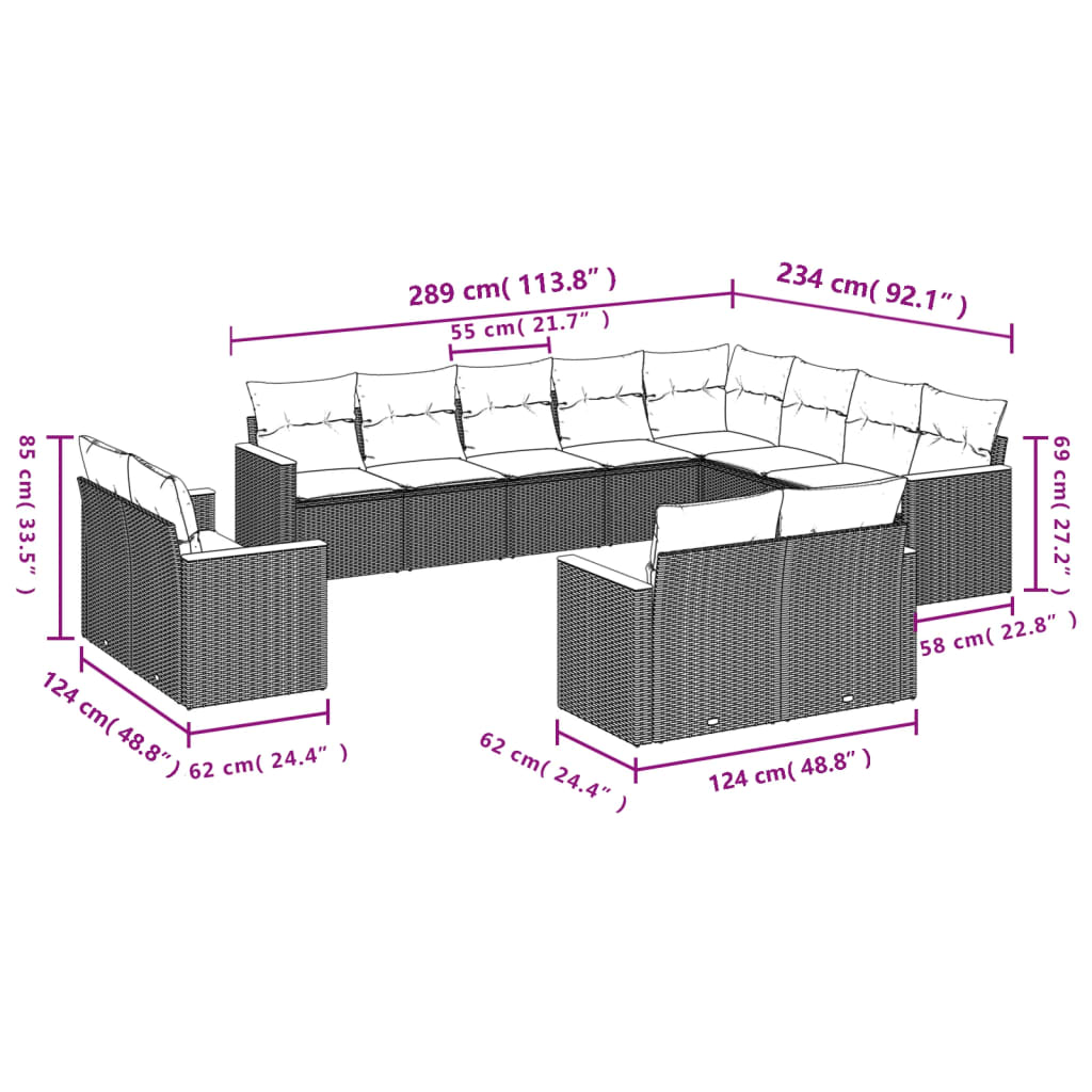 12 Pcs conjunto de sofás de jardim c/ almofadões vime PE preto