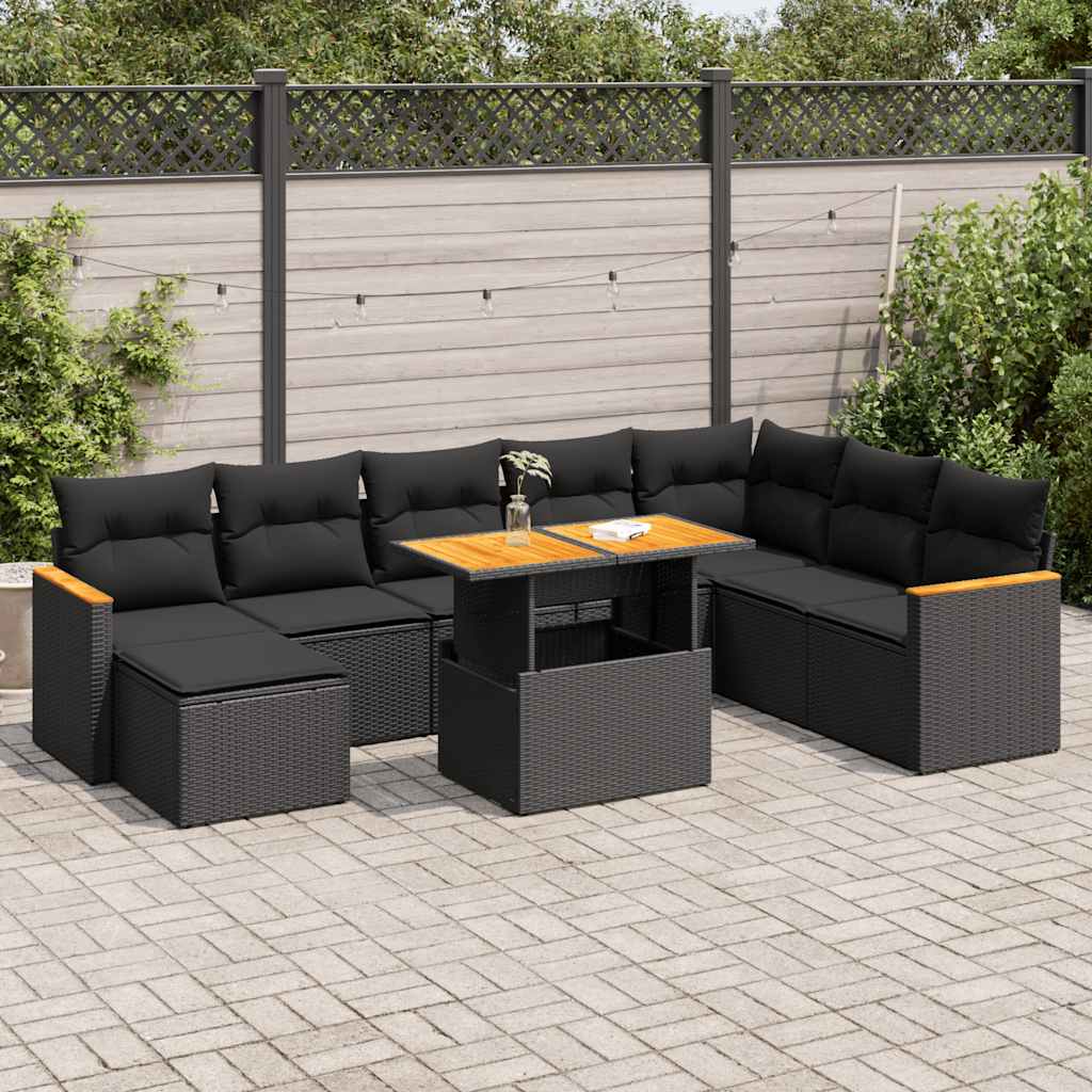 9 Pcs conjunto sofás p/ jardim almofadões vime PE/acácia preto
