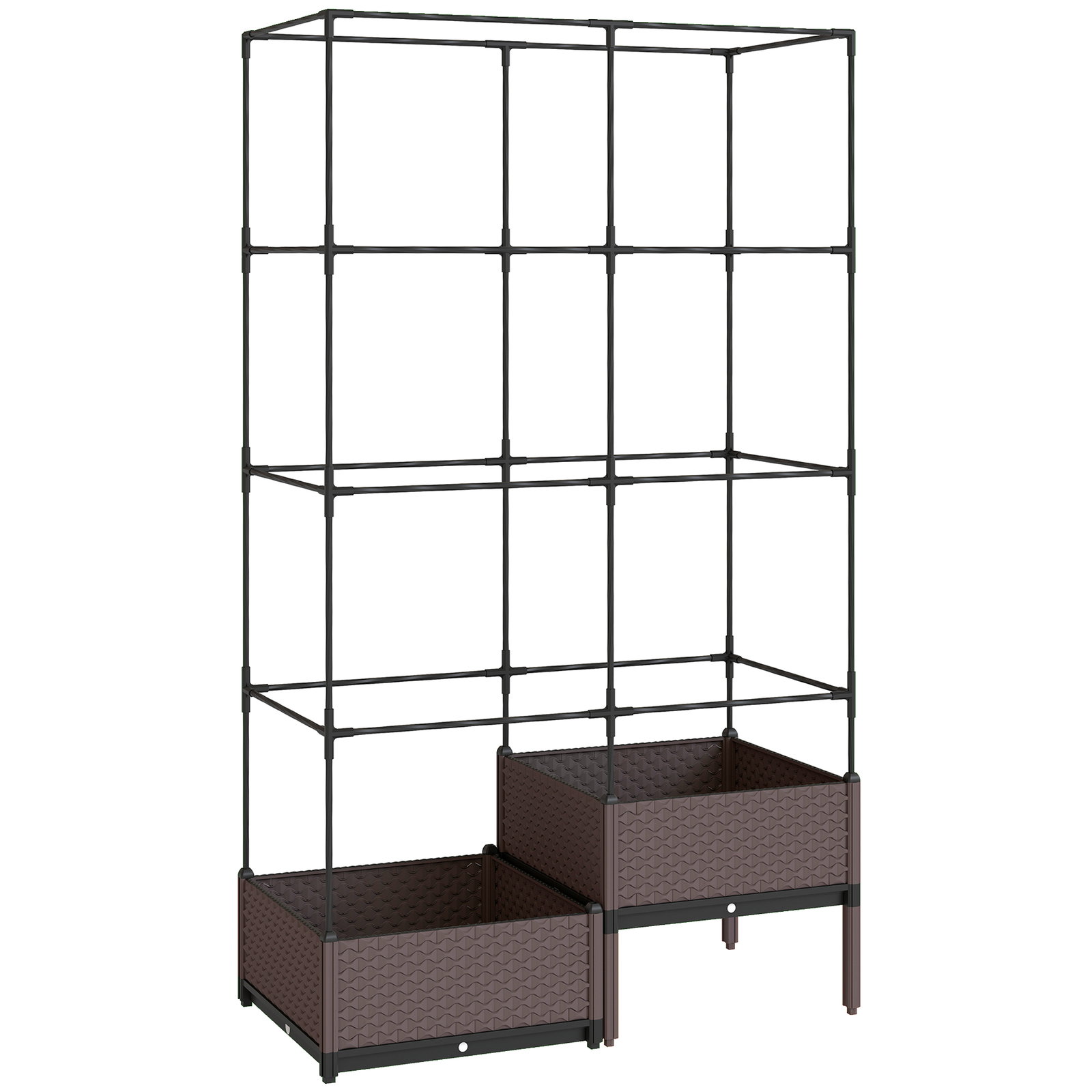 Floreira com grade metálica para plantas trepadeiras 2 caixas de PP com orifícios de drenagem 100x50x174 cm preto