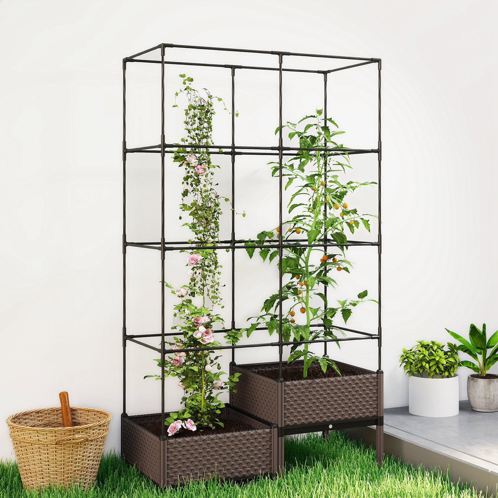 Floreira com grade metálica para plantas trepadeiras 2 caixas de PP com orifícios de drenagem 100x50x174 cm preto