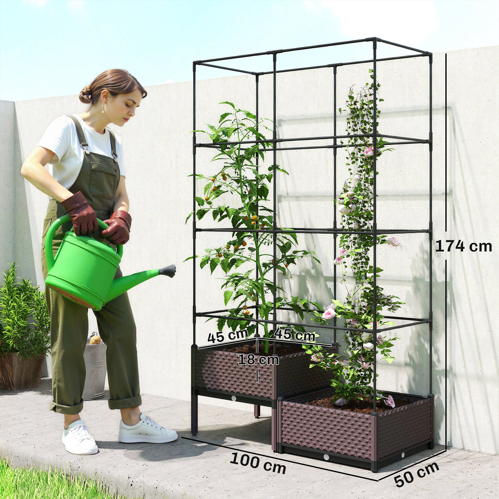 Floreira com grade metálica para plantas trepadeiras 2 caixas de PP com orifícios de drenagem 100x50x174 cm preto