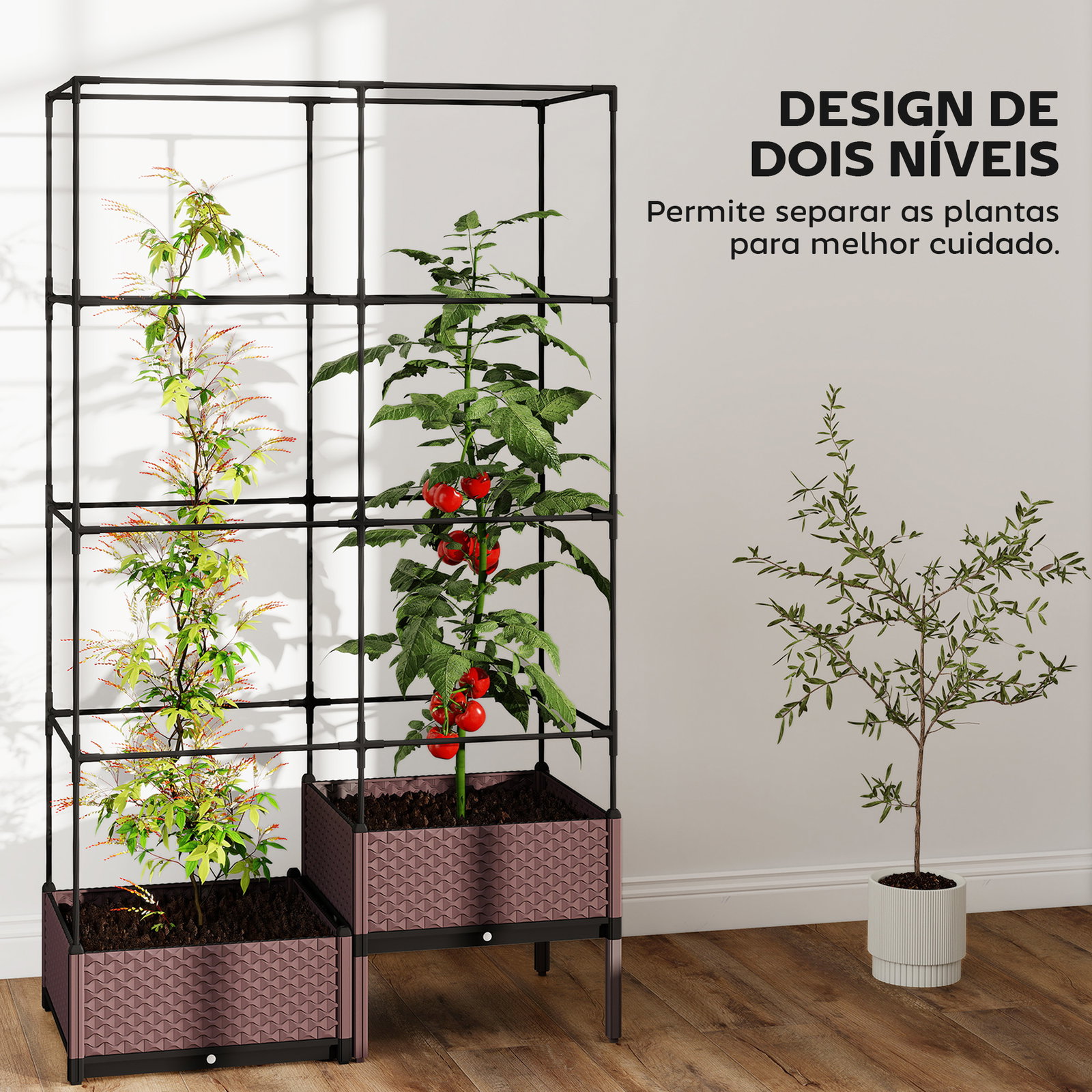 Floreira com grade metálica para plantas trepadeiras 2 caixas de PP com orifícios de drenagem 100x50x174 cm preto