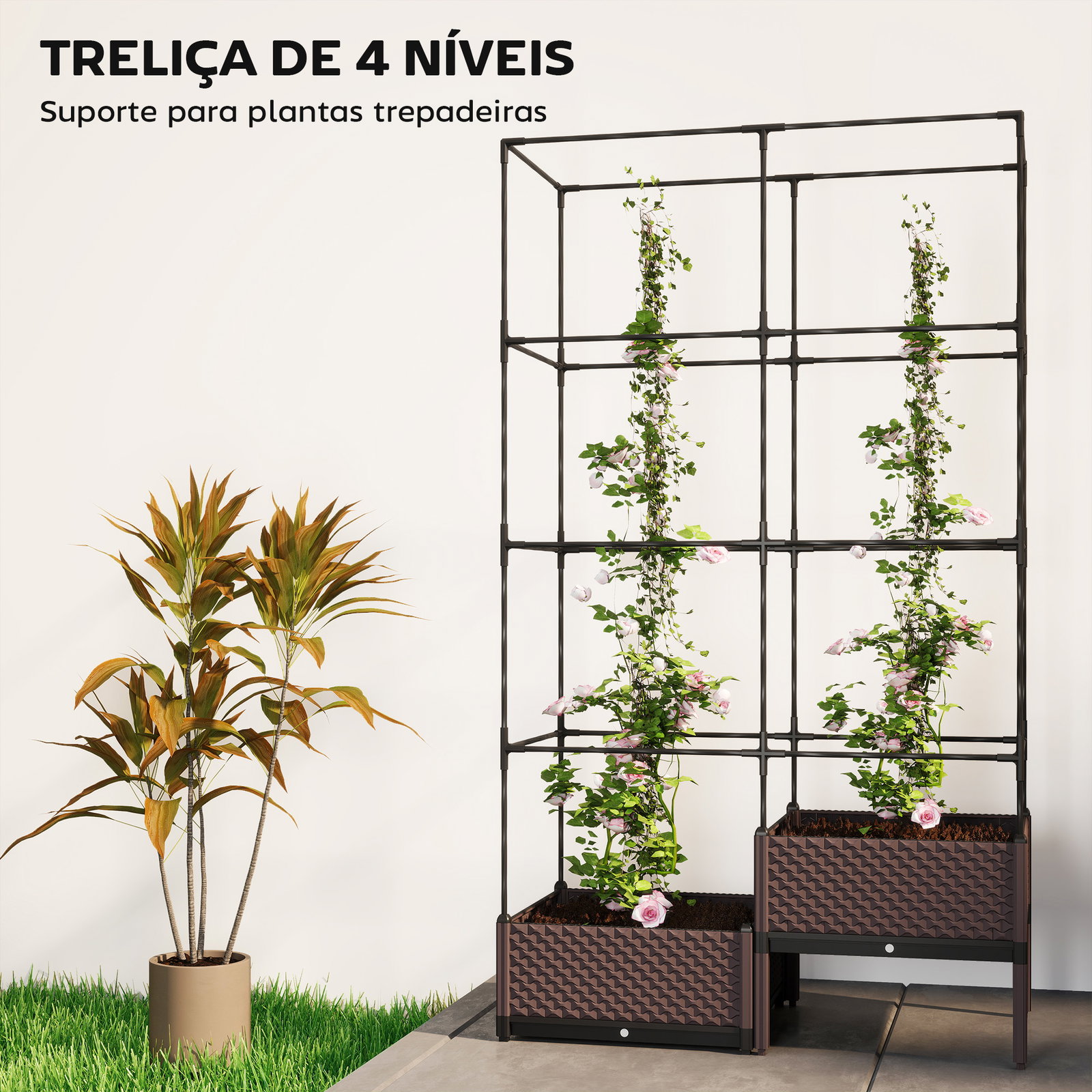 Floreira com grade metálica para plantas trepadeiras 2 caixas de PP com orifícios de drenagem 100x50x174 cm preto