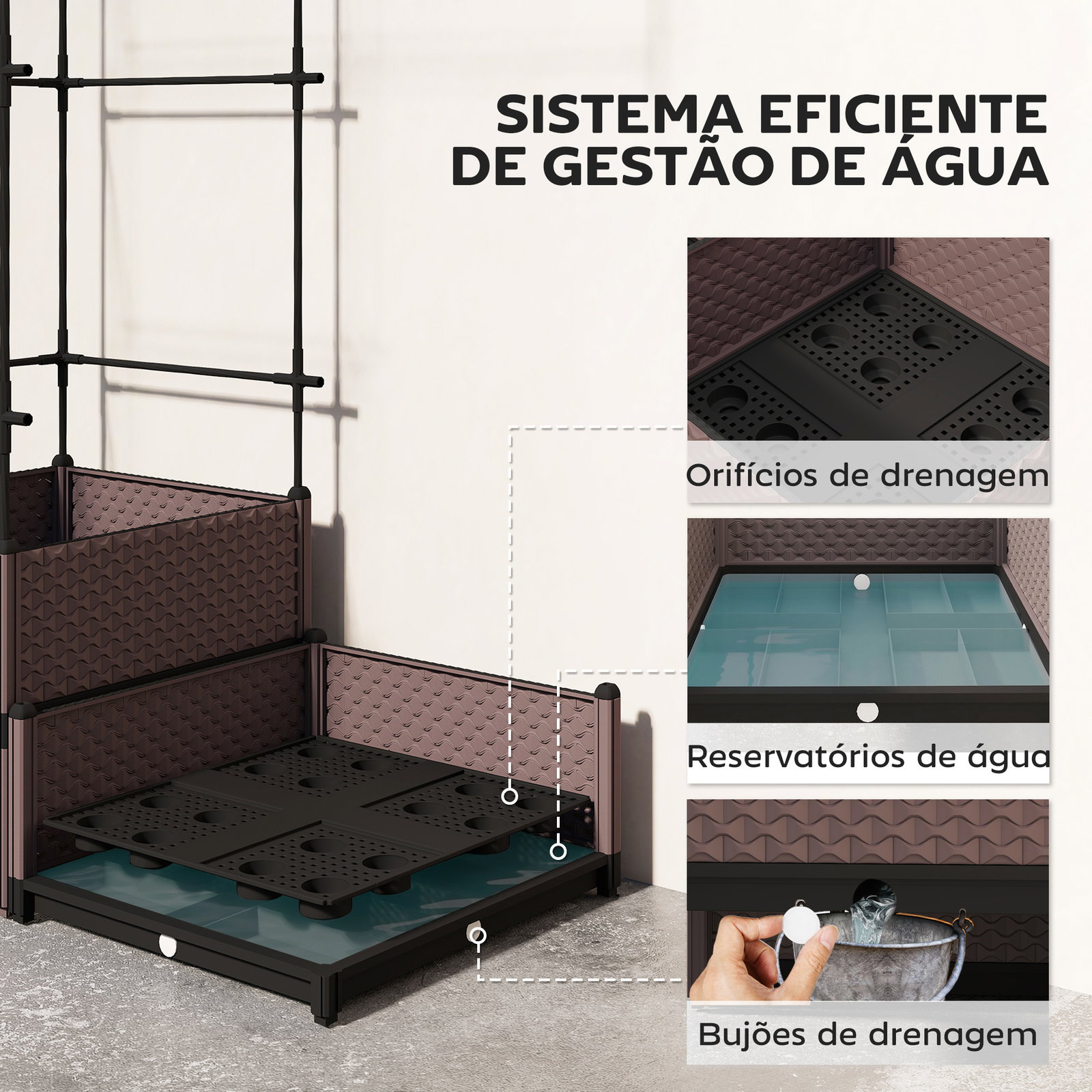 Floreira com grade metálica para plantas trepadeiras 2 caixas de PP com orifícios de drenagem 100x50x174 cm preto