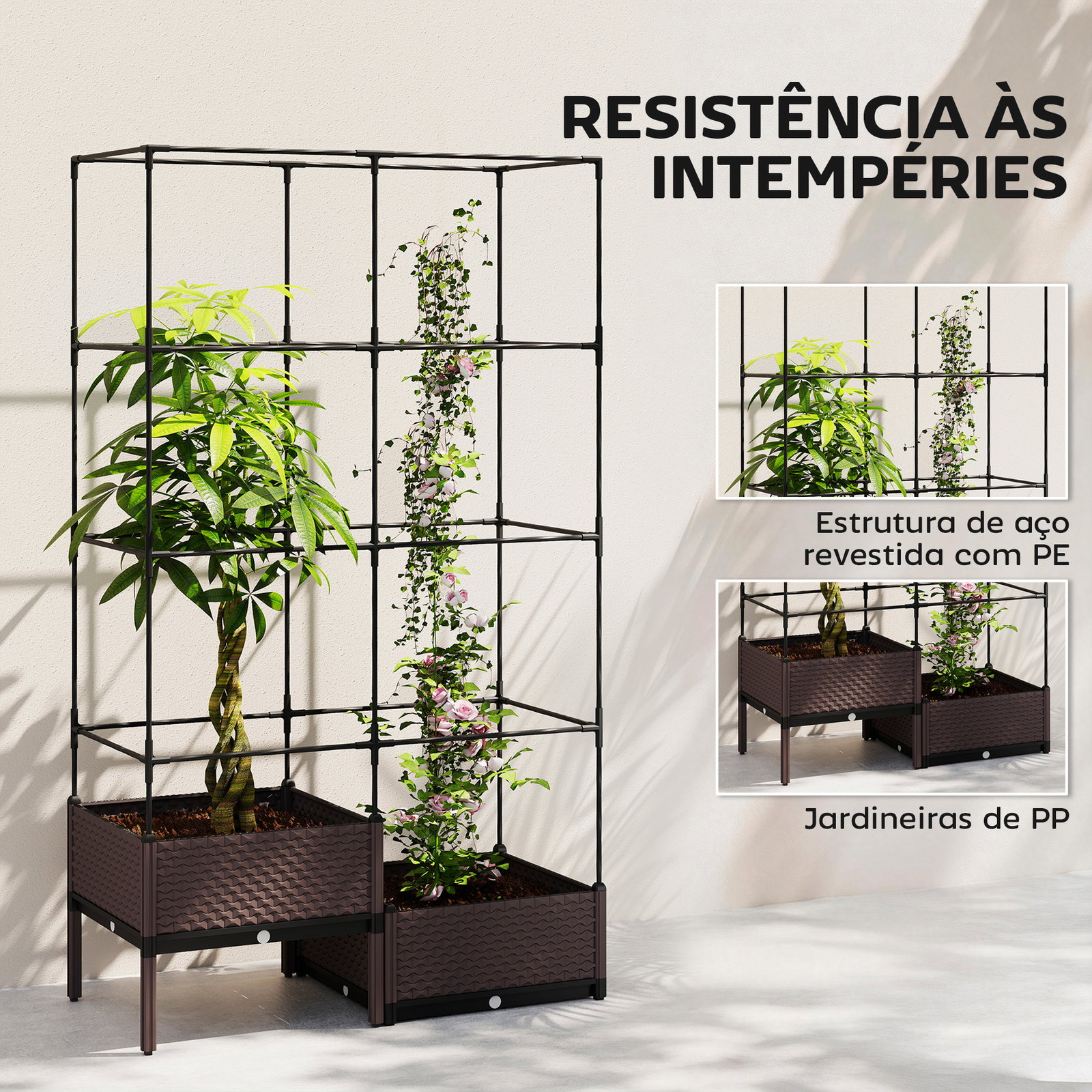 Floreira com grade metálica para plantas trepadeiras 2 caixas de PP com orifícios de drenagem 100x50x174 cm preto