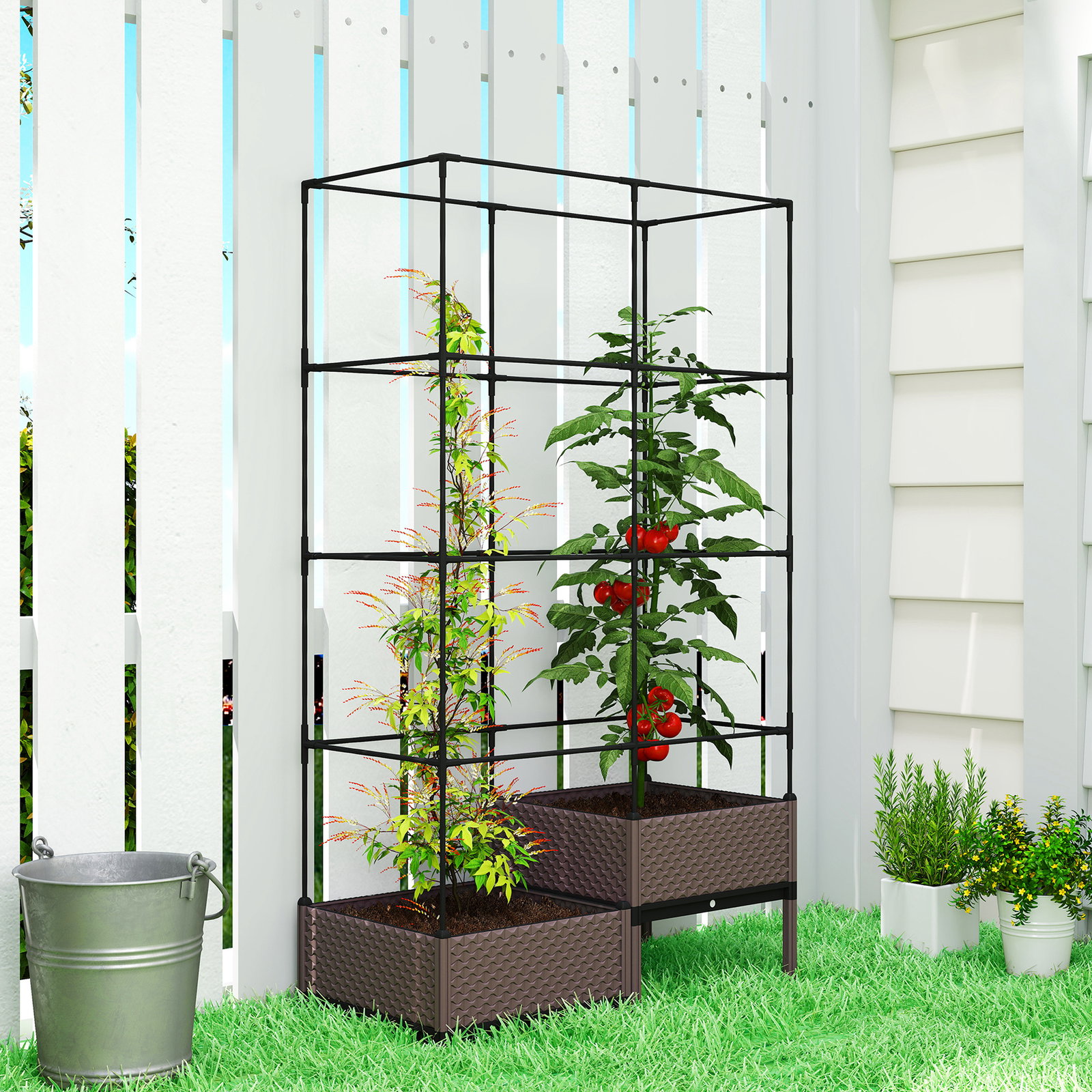 Floreira com grade metálica para plantas trepadeiras 2 caixas de PP com orifícios de drenagem 100x50x174 cm preto